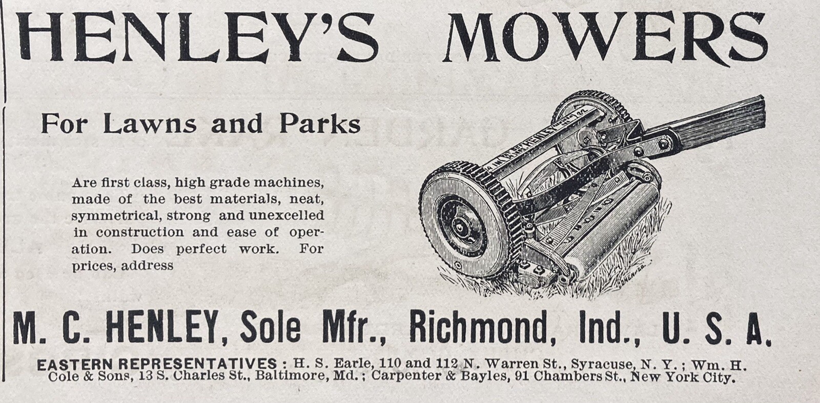 1894 AD.(XH8)~M.C. HENLEY MFG. CO. RICHMOND, IND. HENLEY’S LAWN MOWERS