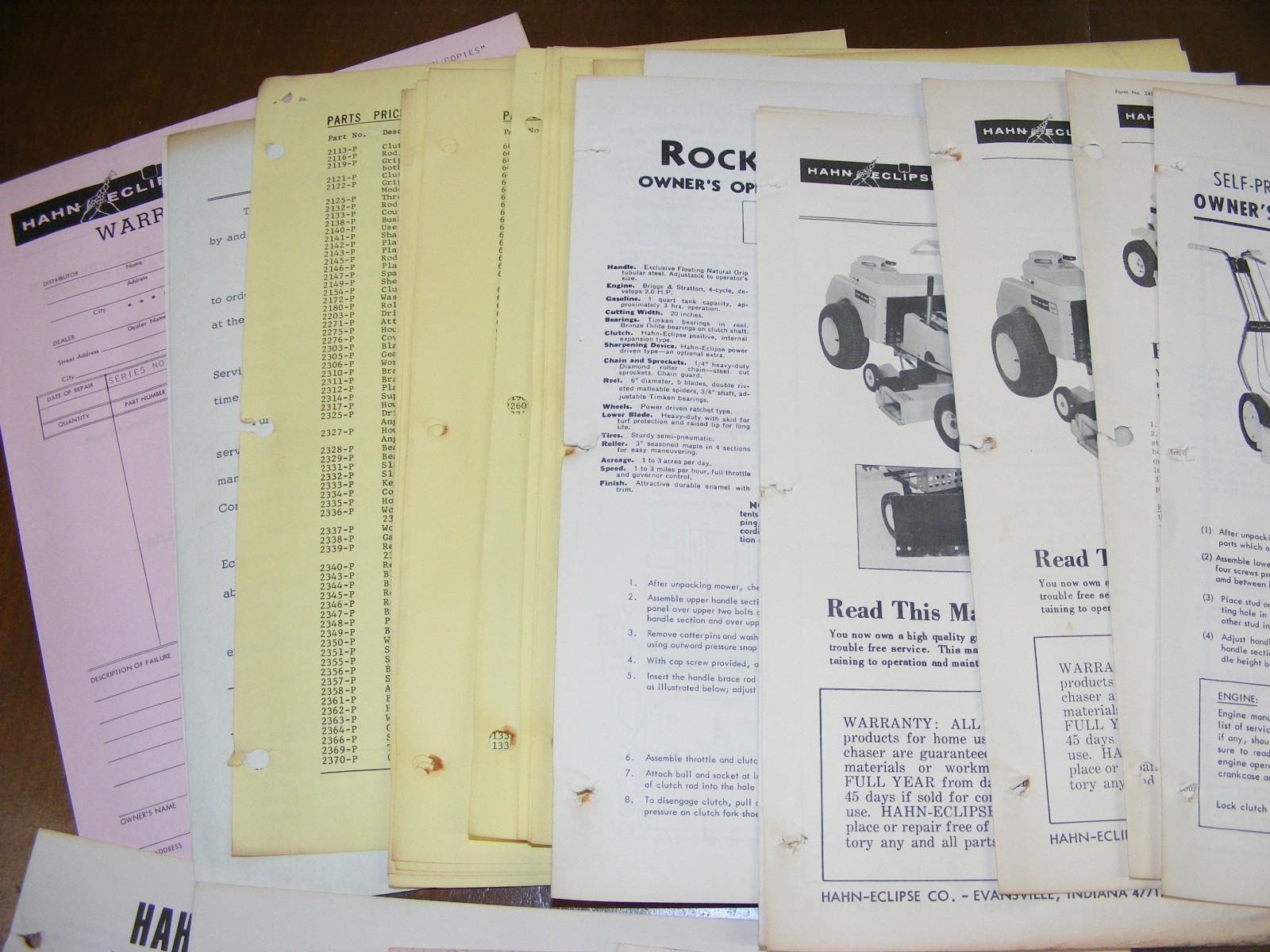1960s Hahn Eclipse Mower Master Parts Catalog Maintenance Manual