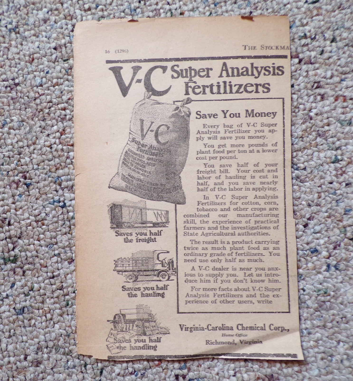1927 Virginia Carolina Chemical Corp Richmond V-C Fertilizer Vintg Ad Farm Crops