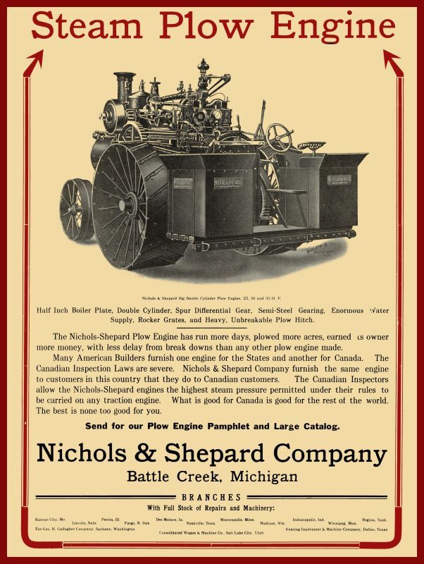 1910 Nichols & Shepard NEW Metal Sign: Steam Plow Engine – Battle Creek Michigan