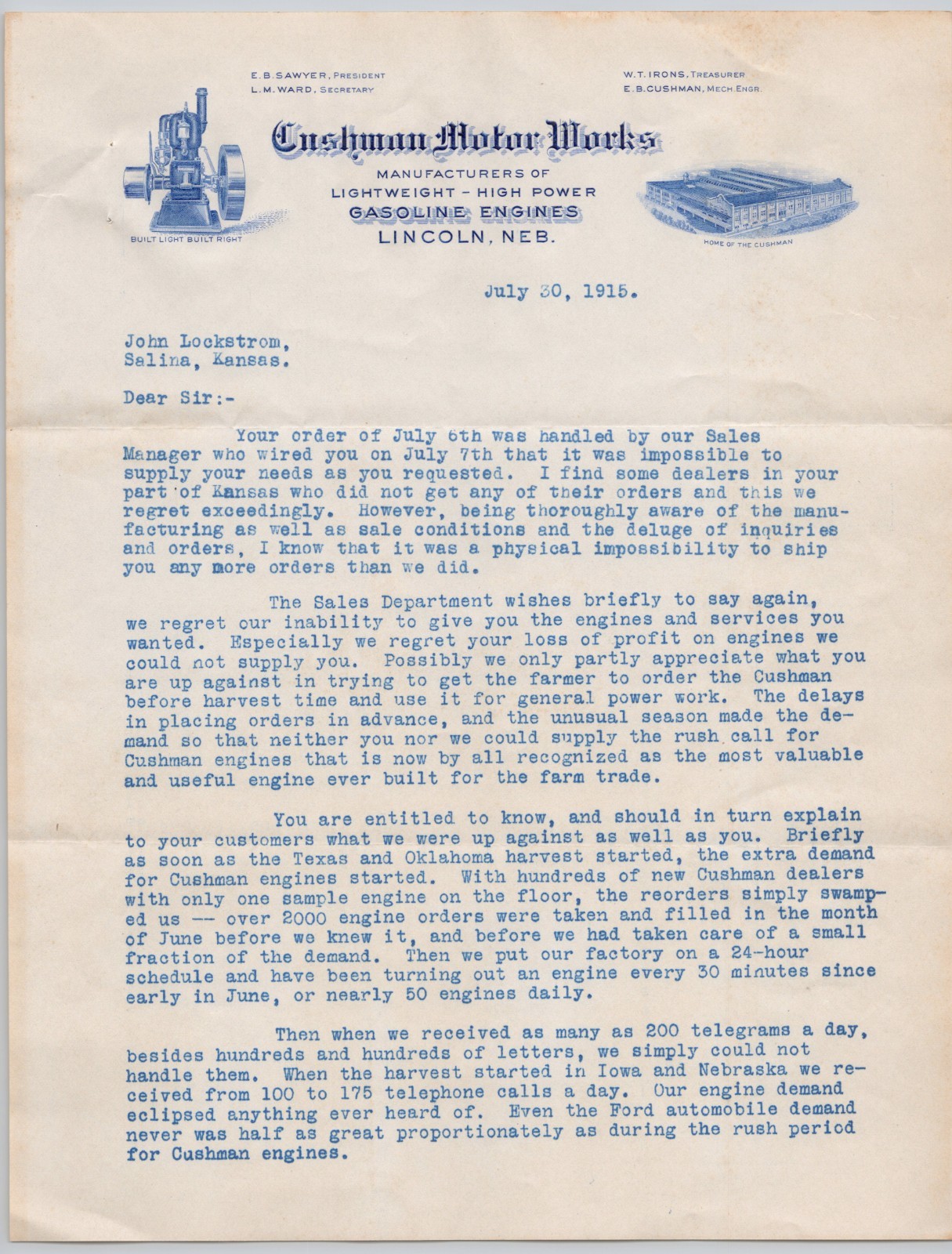 1915 Gasoline Engine Cushman Motor Works Lincoln NE Embossed Letterhead + BH2-26