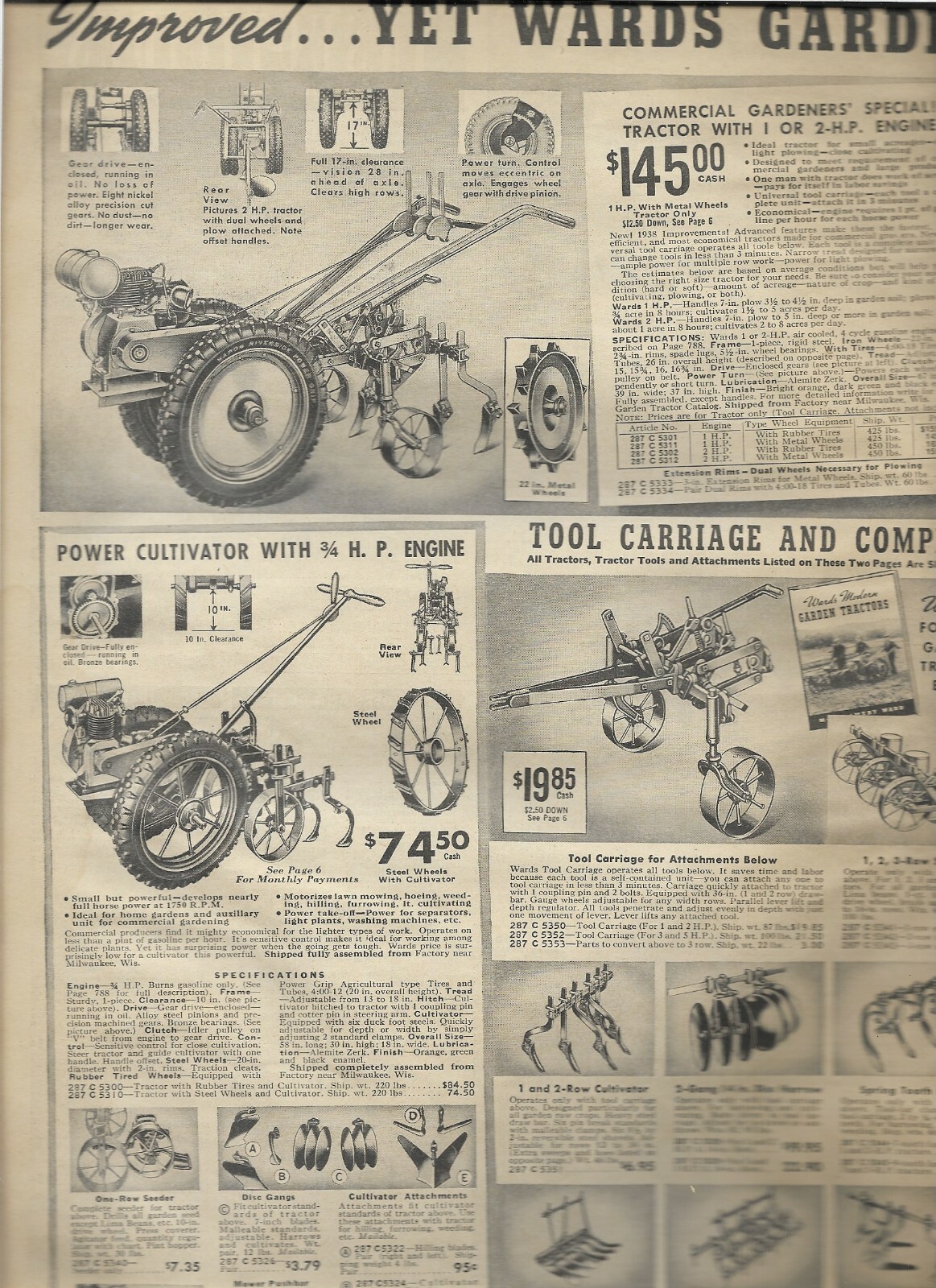 1938 Wards Catalog Ad Page Garden Tractor Cultivator Power Sprayer Tool Carriage