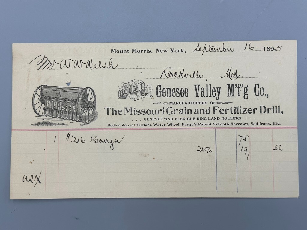 1895 GENESEE VALLEY Mfg MISSOURI Grain Drill FARM Advertising MOUNT MORRIS NY
