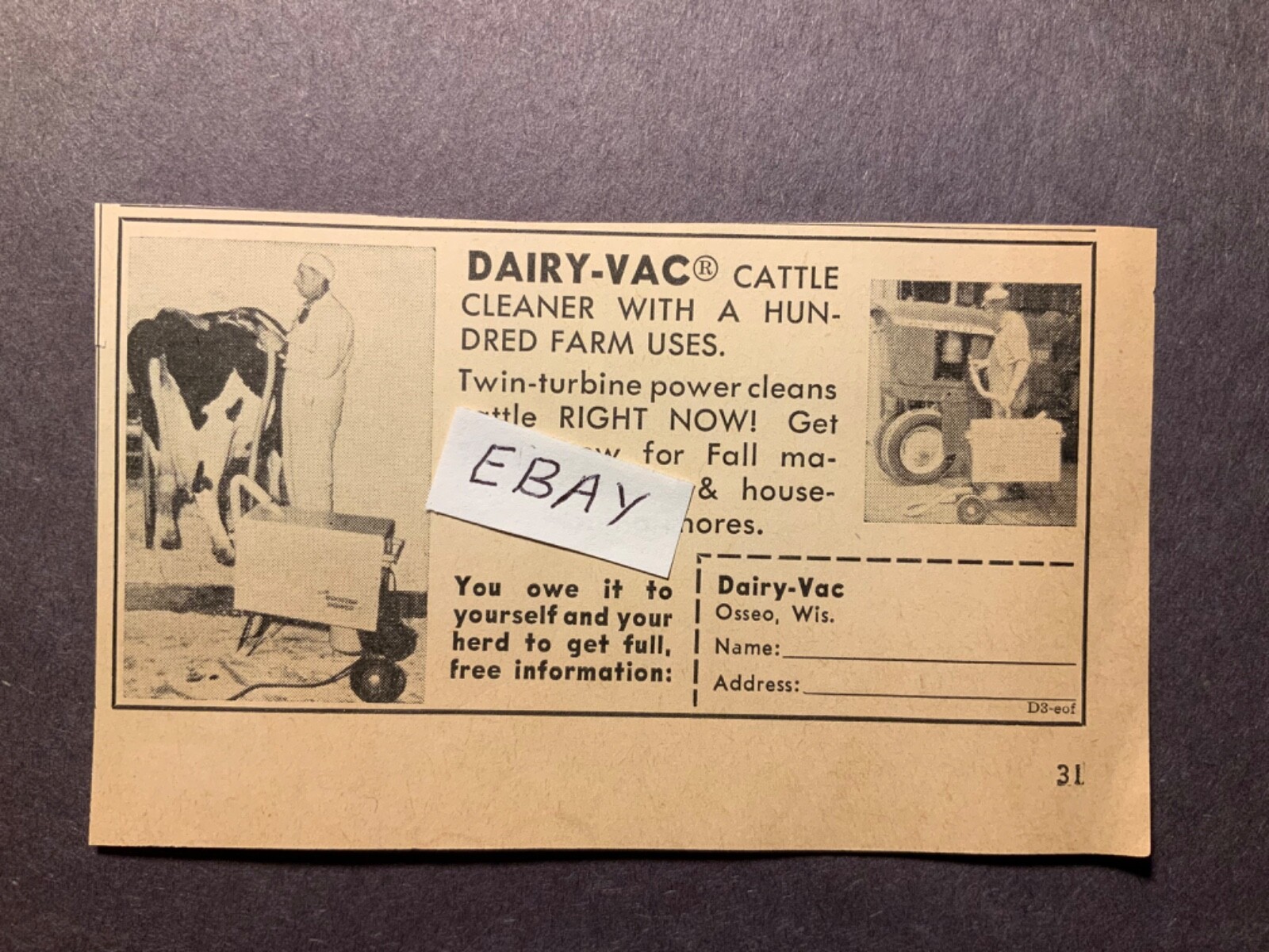 1963 Ad. Dairy-Vac. cattle Cleaner. Dairy-Vac Osseo, Wisconsin.