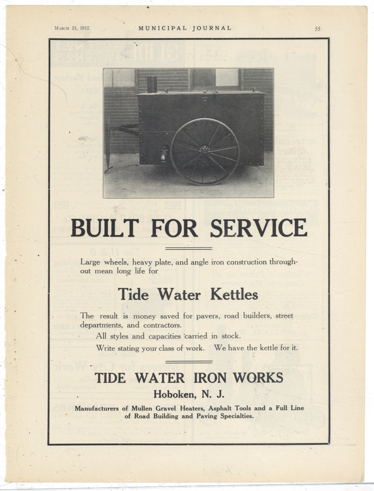 1912 Tide Water Iron Works of Hoboken, New Jersey Ad: Road Building Equipment