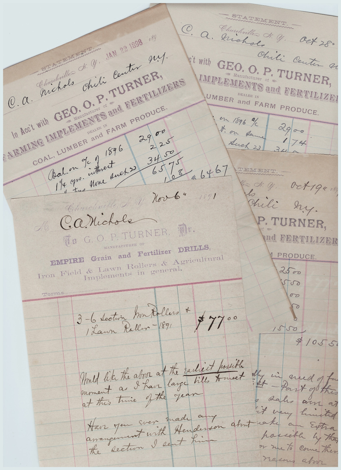 Billhead LOT of 4- Geo Turner Churchville NY 1891+ Signed Letter Farm Implements