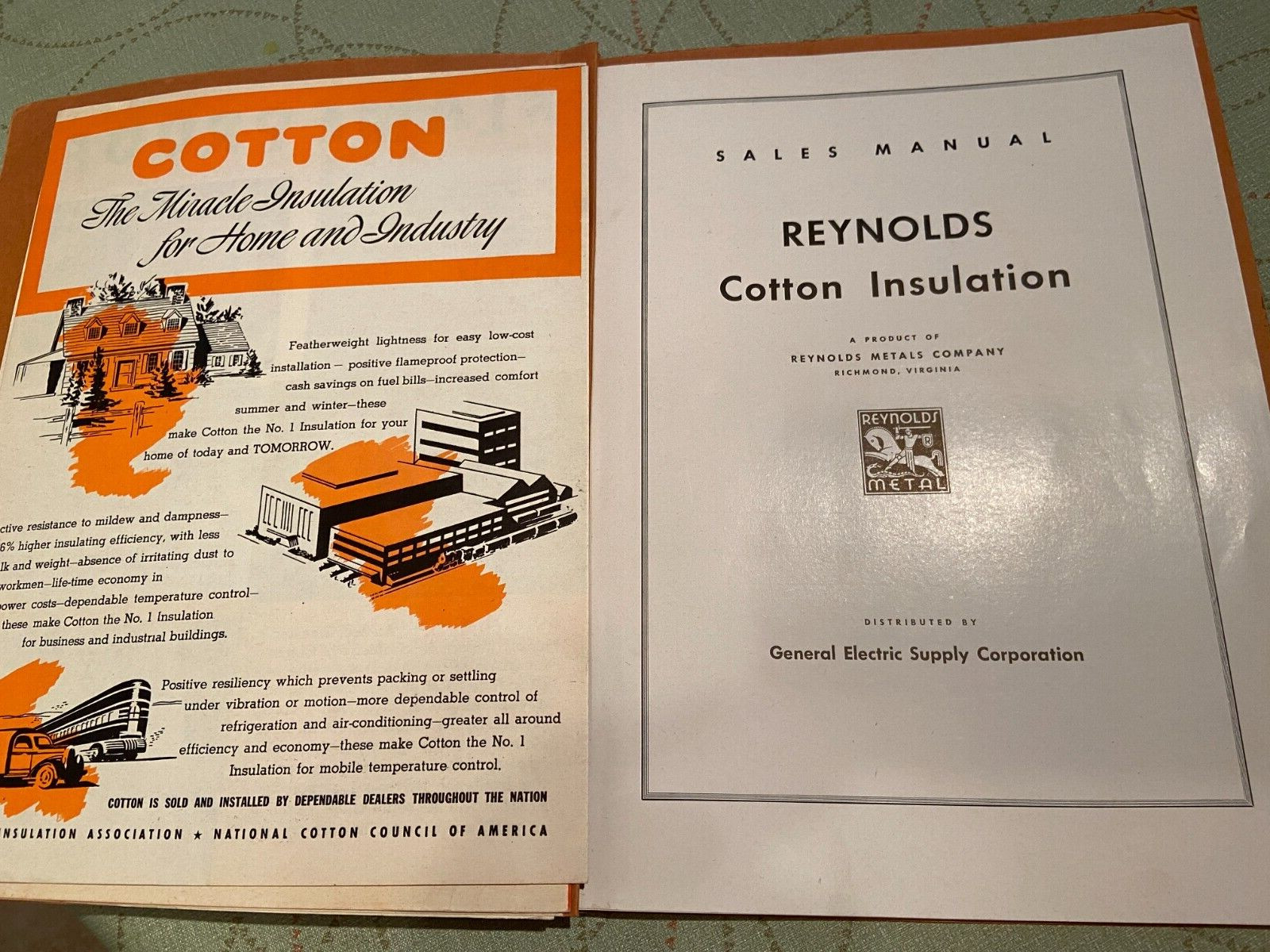 1943 REYNOLDS COTTON INSULATION ASSOCIATION SALES MANUAL GENERAL ELECTRIC SUPPLY