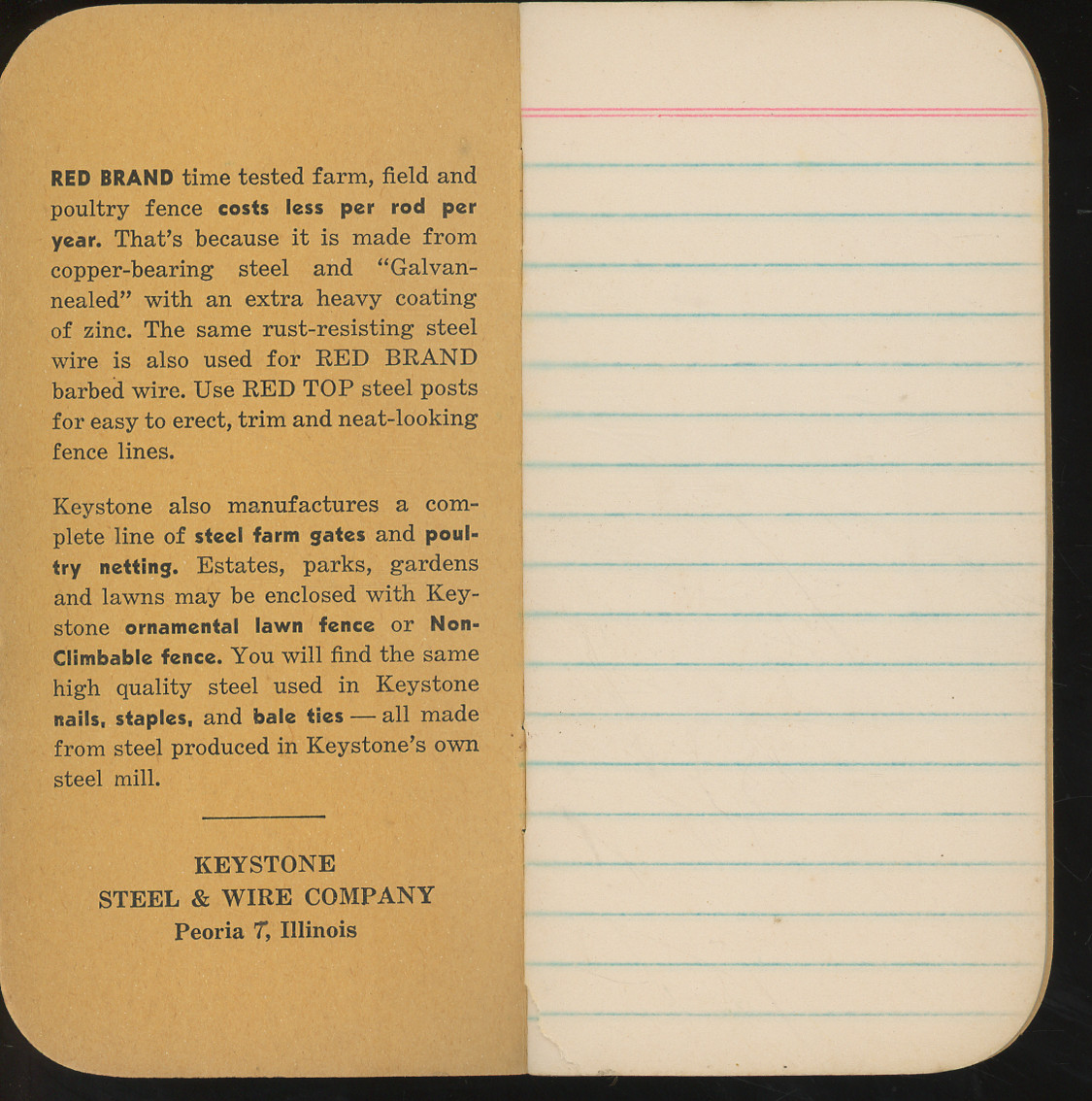 Vintage 1920s Keystone Wire and Fence Steel Co. Memo Book Peoria Illinois