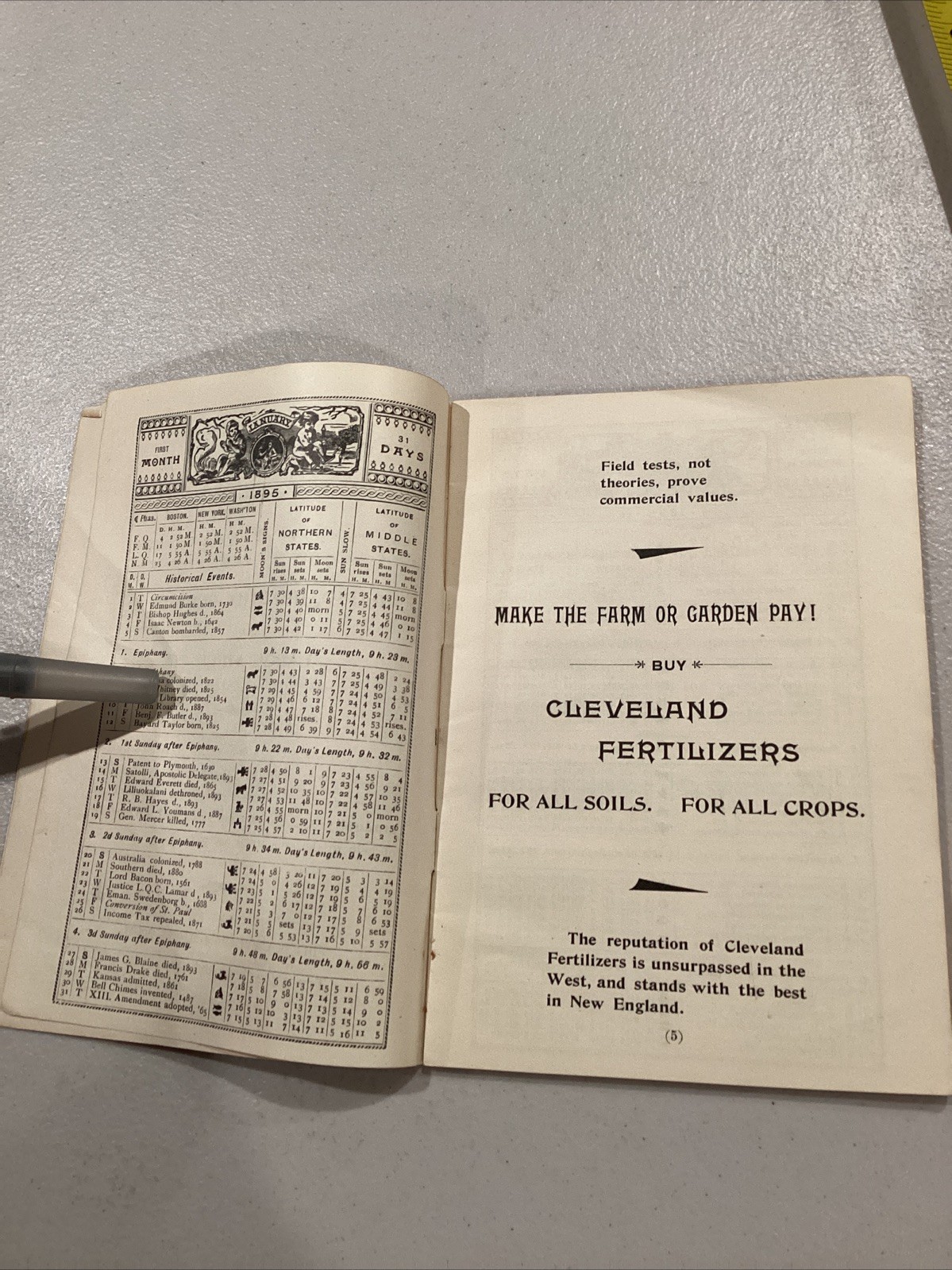 1895 The Cleveland Dryer Co Perfect Drilling Blood Bone Fertilizer Calendar Book
