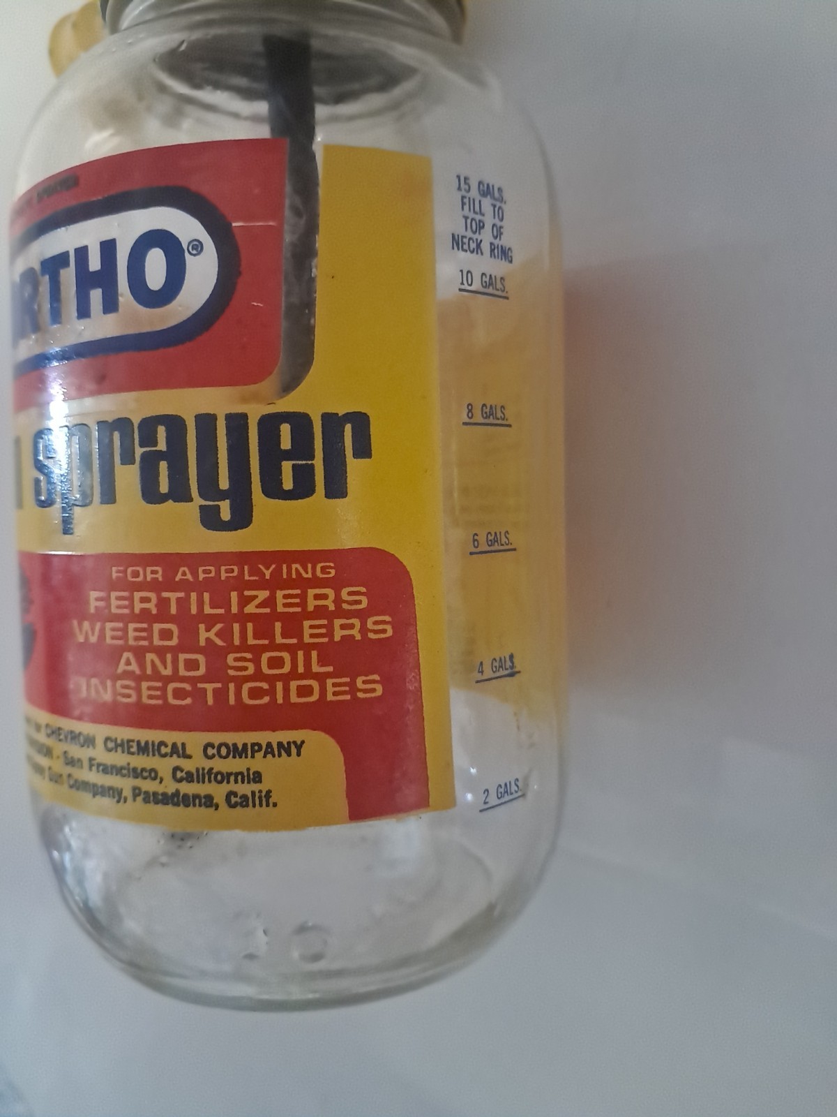Vintage Ortho Lawn Sprayer Glass Jar Yellow Metal Lid 8&Prime; w/ Instructions ON IT