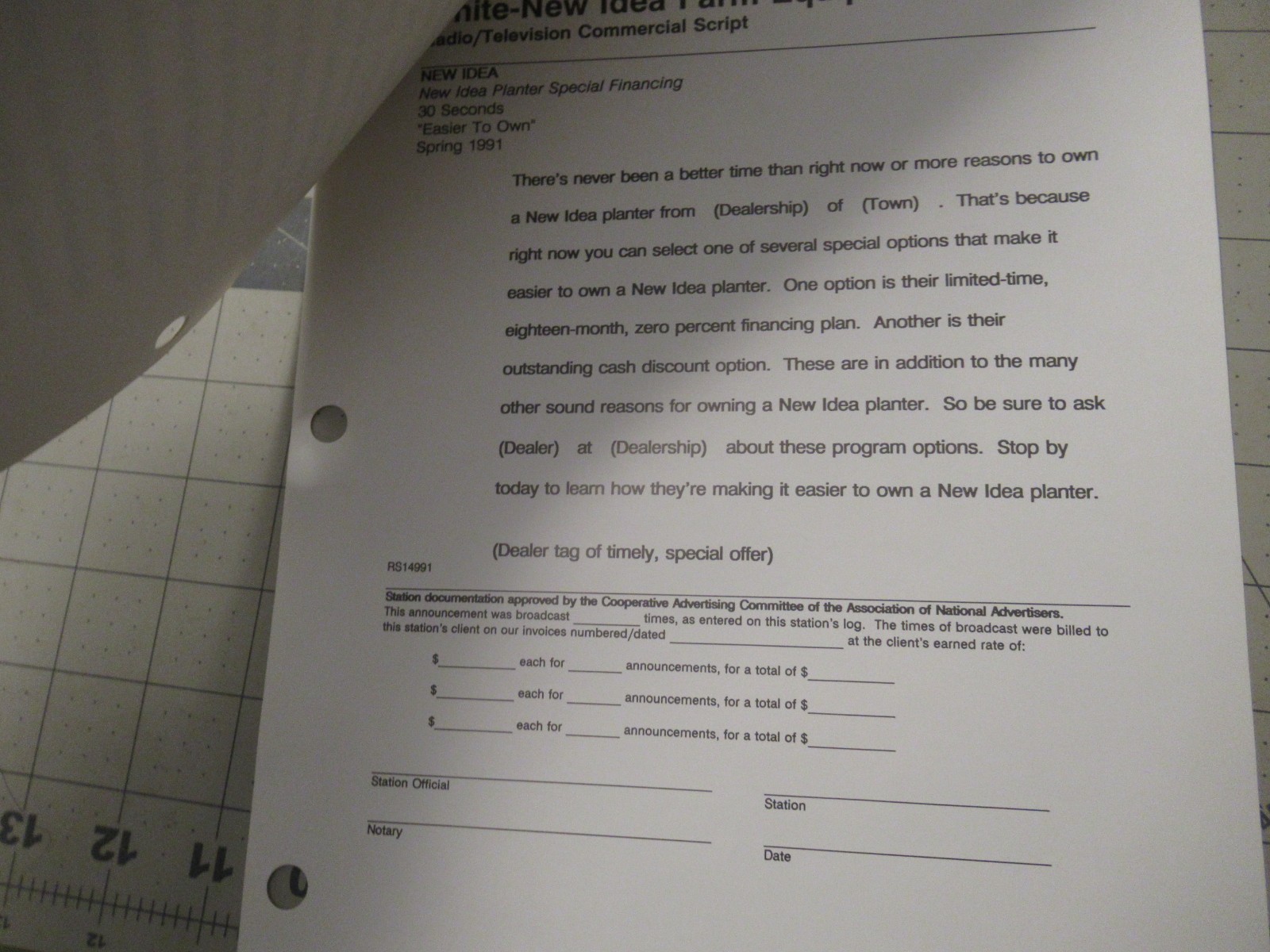 White New Idea Farm Equipment Radio/Television Script Spring 1991