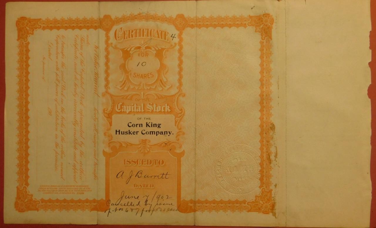 Corn King Husker Co. Rochester Indiana Stock Certificate No. 4 1902 (Shelf-4