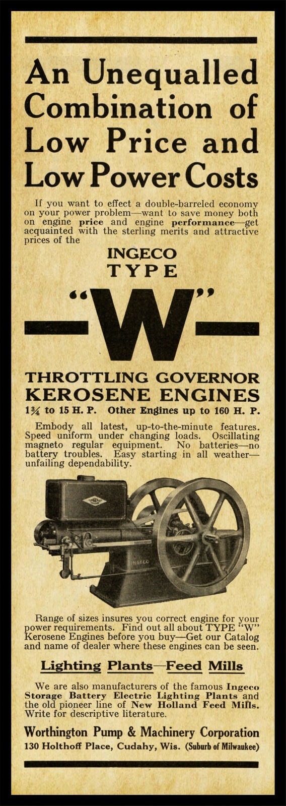 1917 INGECO Kerosene Engine NEW Metal Sign, 12&Prime; x 36&Prime; USA STEEL XL Size – 4 LBS.