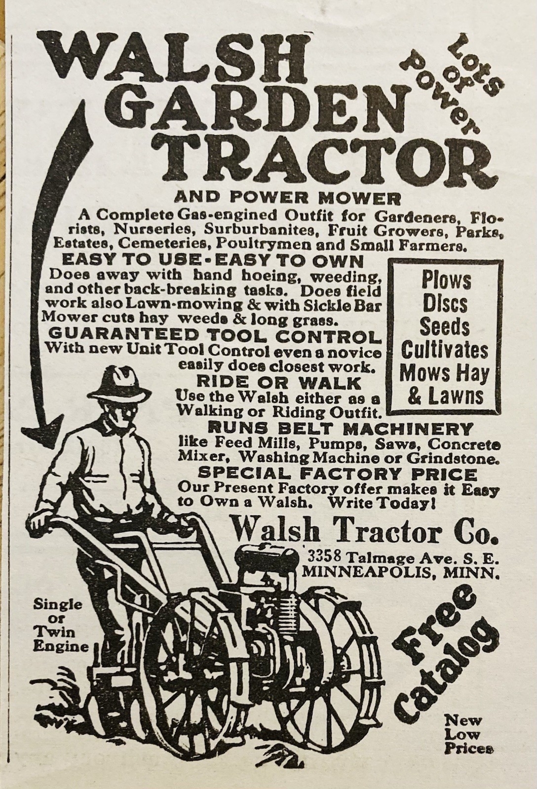 1930 AD.(XH86)~WALSH TRACTOR CO. MINNEAPOLIS, MINN. WALSH GARDEN TRACTOR