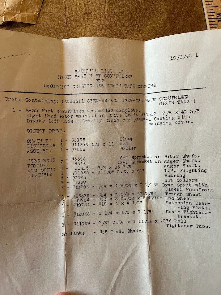 Hart Scourkleen Model 1289 Grain Tank Packing List Attaching Directions Tag 1945