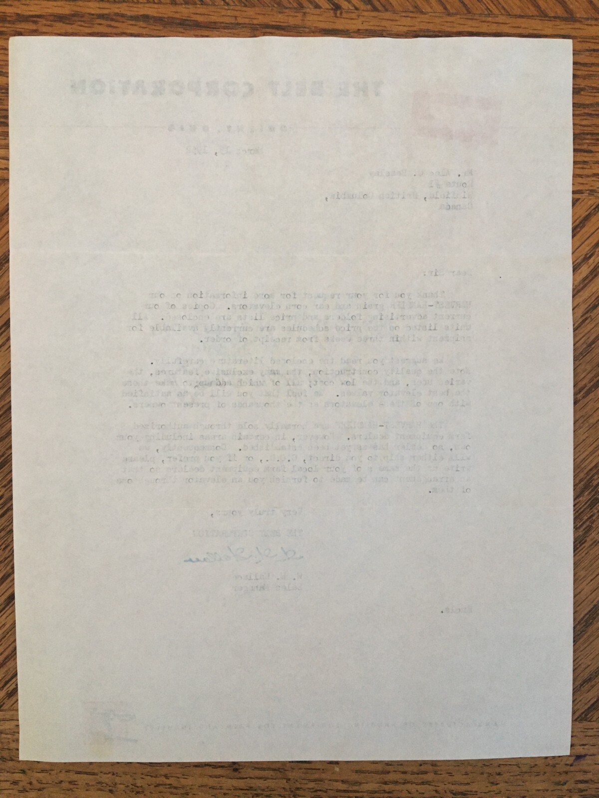 Belt Corporation Farm Machinery Letter Receipt 1952 Kelowna BC Cattle Ranch Corn