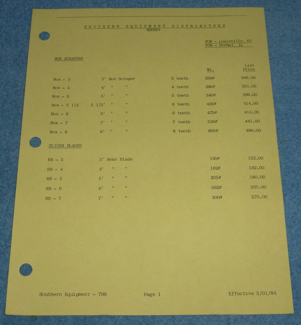 Vintage 1984 Southern Equipment Box Scrapers Slider Blades Brochure Price List