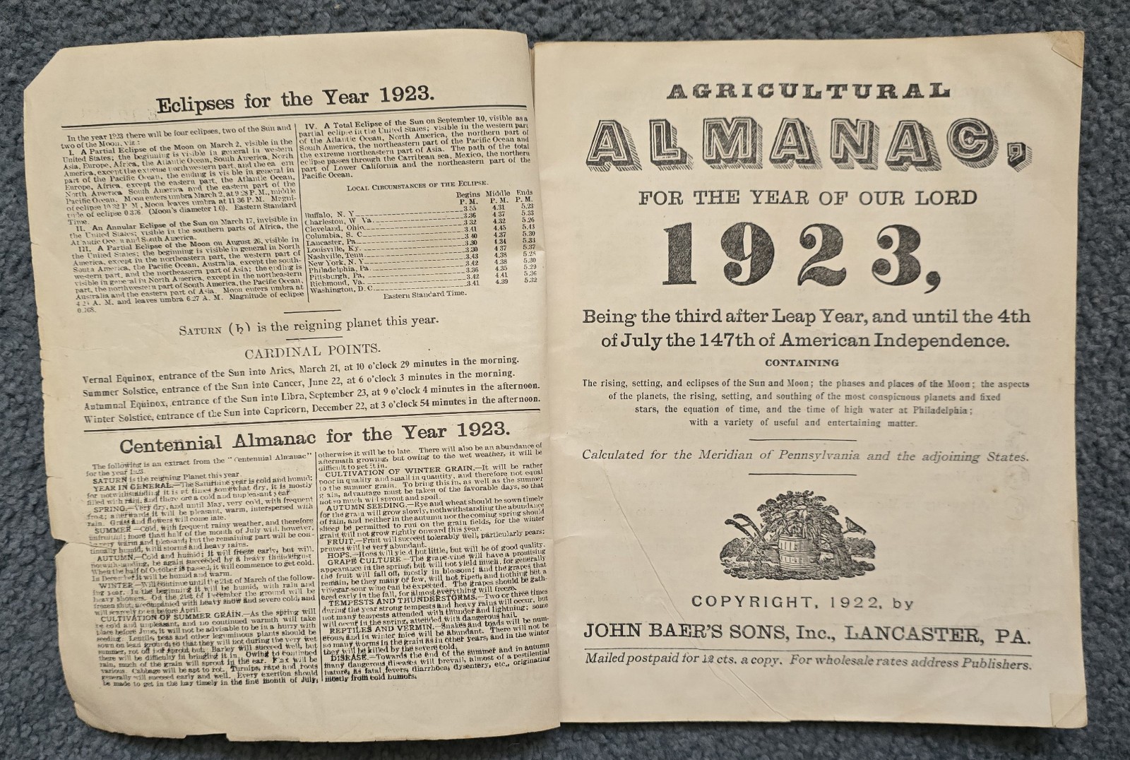 1923 John Baer&rsquo;s Sons Agricultural Almanac Lancaster, PA Volume 198th Magazine