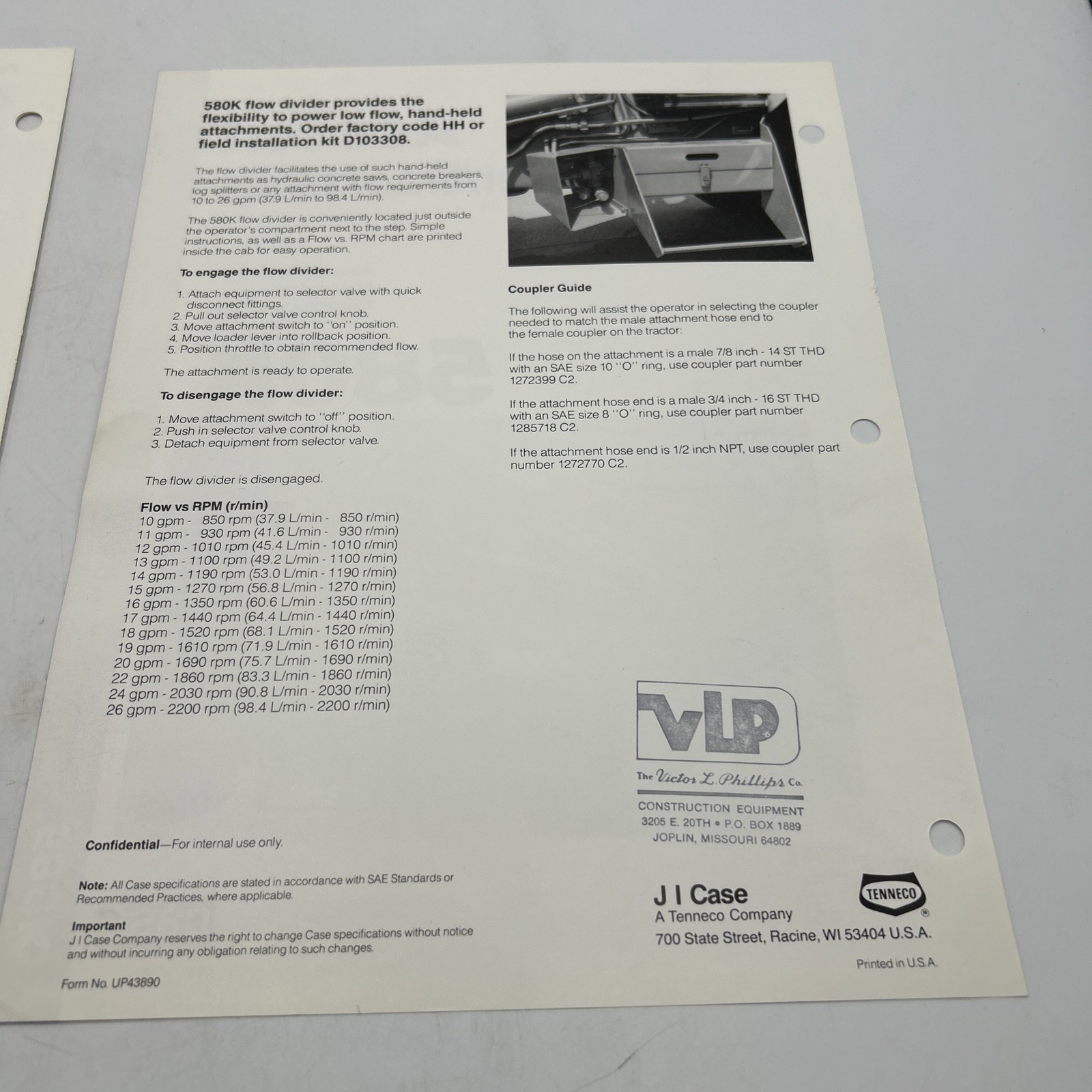 Case Tractor 580K Instrument Control Center March 1990