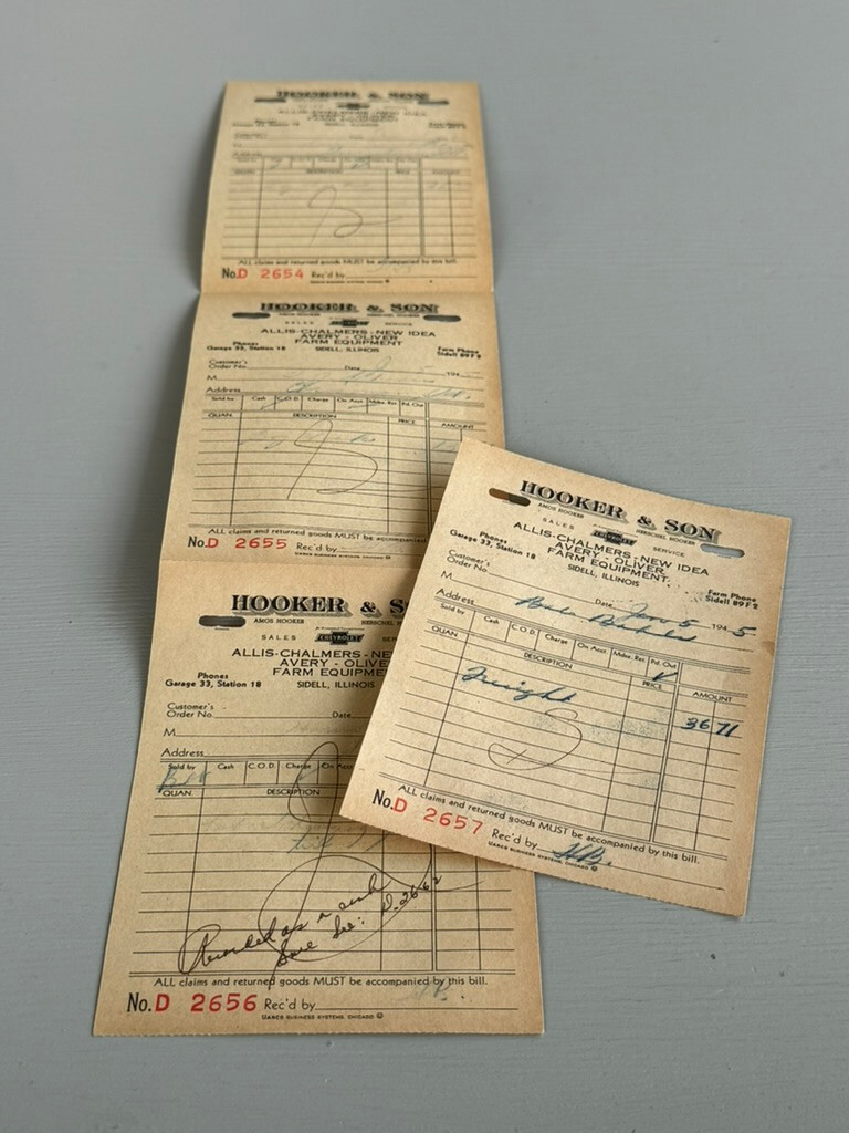 VTG Sidell IL Receipts Chevrolet Allis Chalmers New Idea Avery Oliver Farm Equip