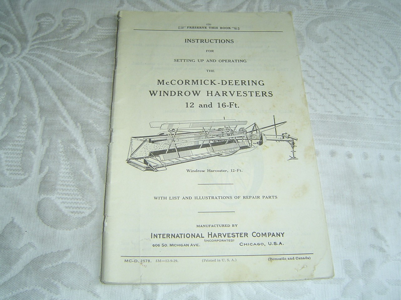 McCORMICK DEERING WINDROW HARVESTERS 12 & 16 FT OPERATOR BOOK MANUAL