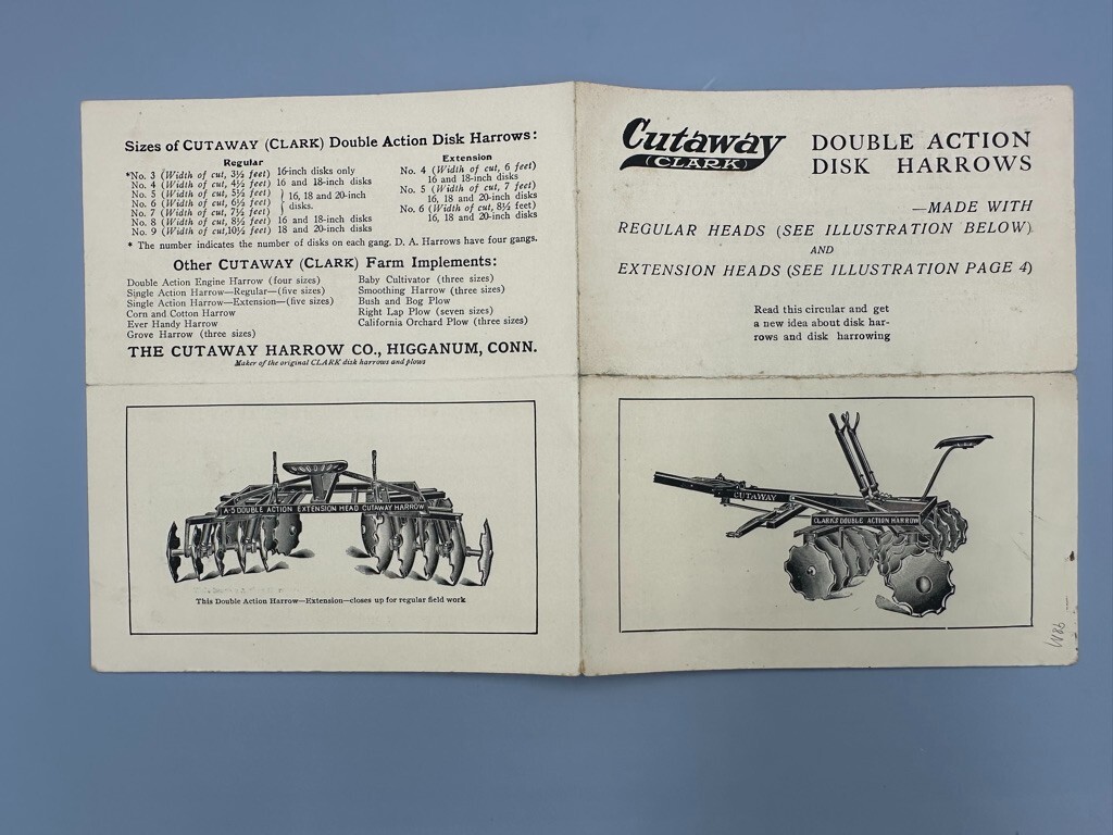 c 1900 Horse Pulled Cutaway Harrow FARM ADVERTISING Brochure HIGGANUM CT