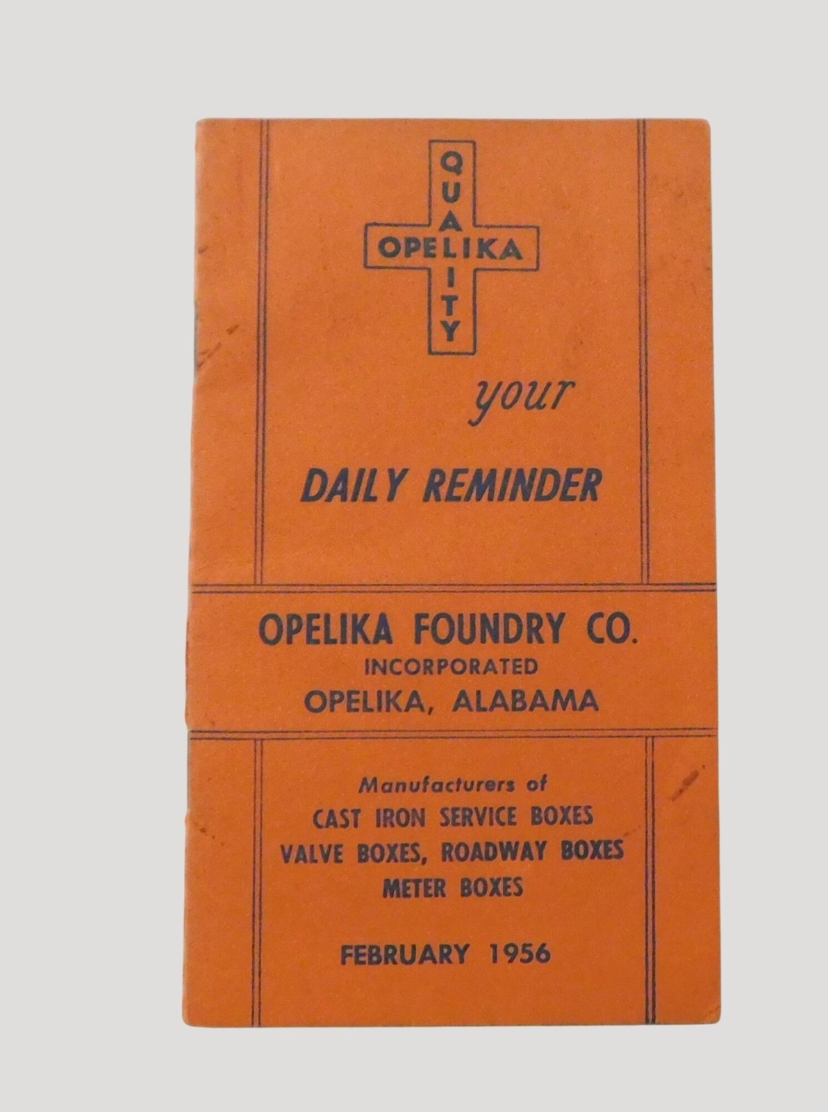 Opelika Foundry February 1956 Daily Reminder Booklet Orange Vintage Ephemera