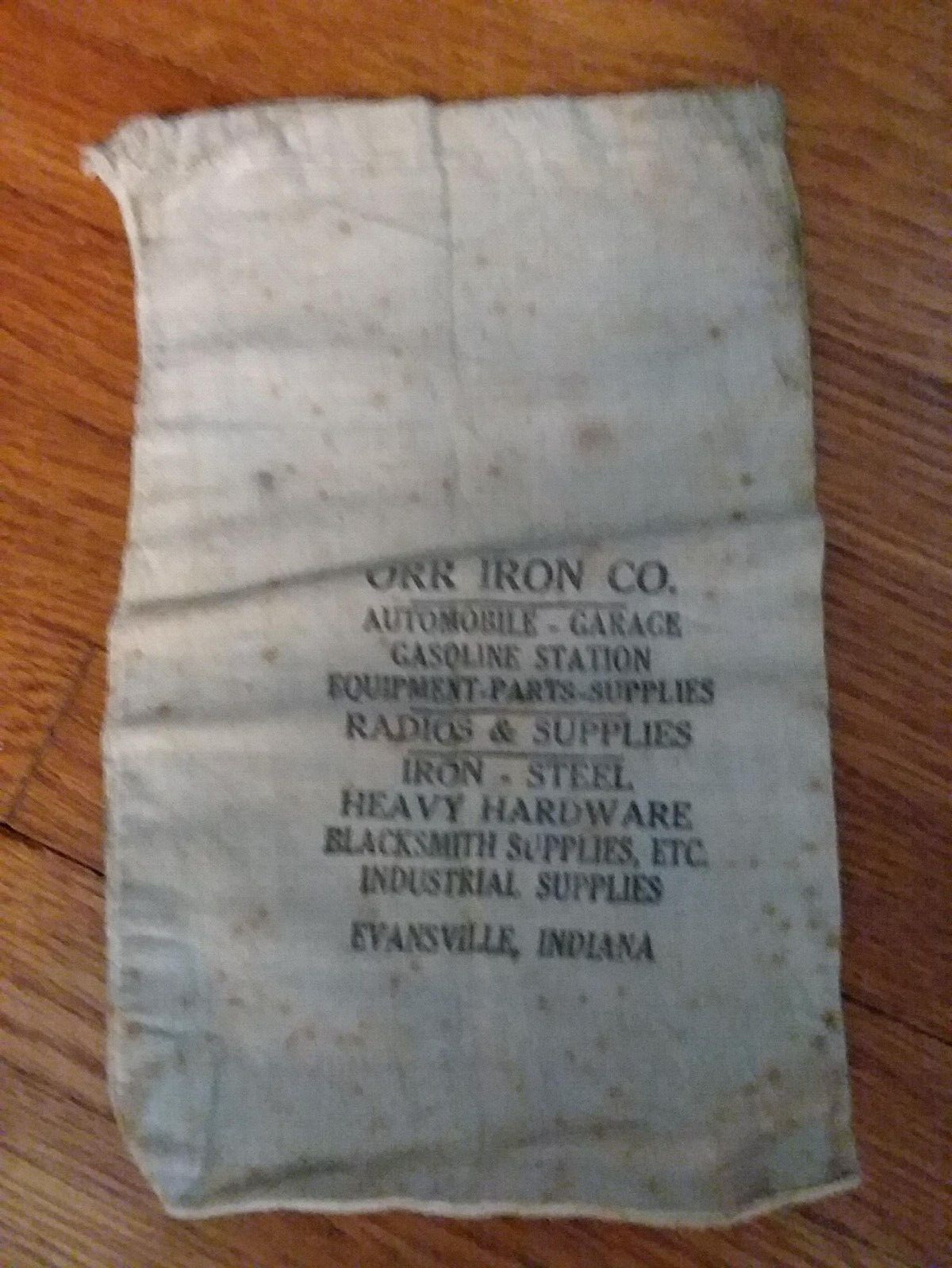 Vintage Evansville Indiana Cloth Bag Orr Iron Co Blacksmith Gas Auto Advertising