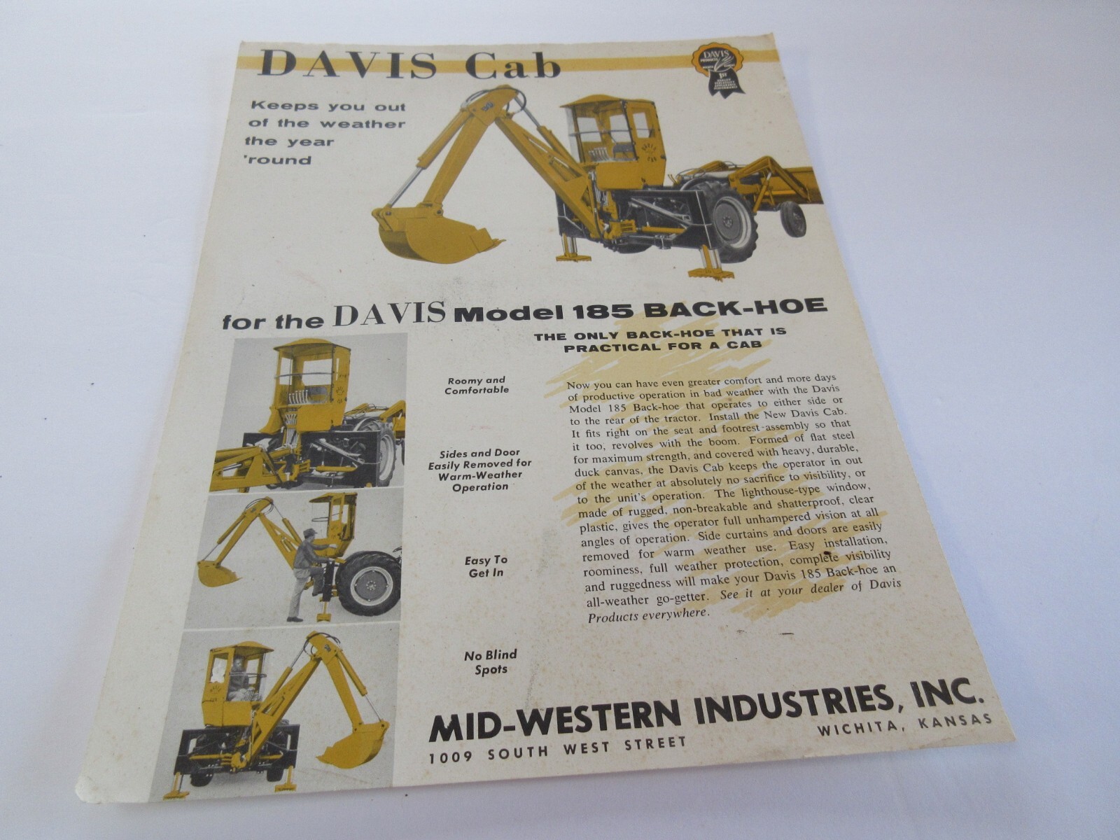 Davis Cab for 185 Backhoe Sales Brochure 1 Page