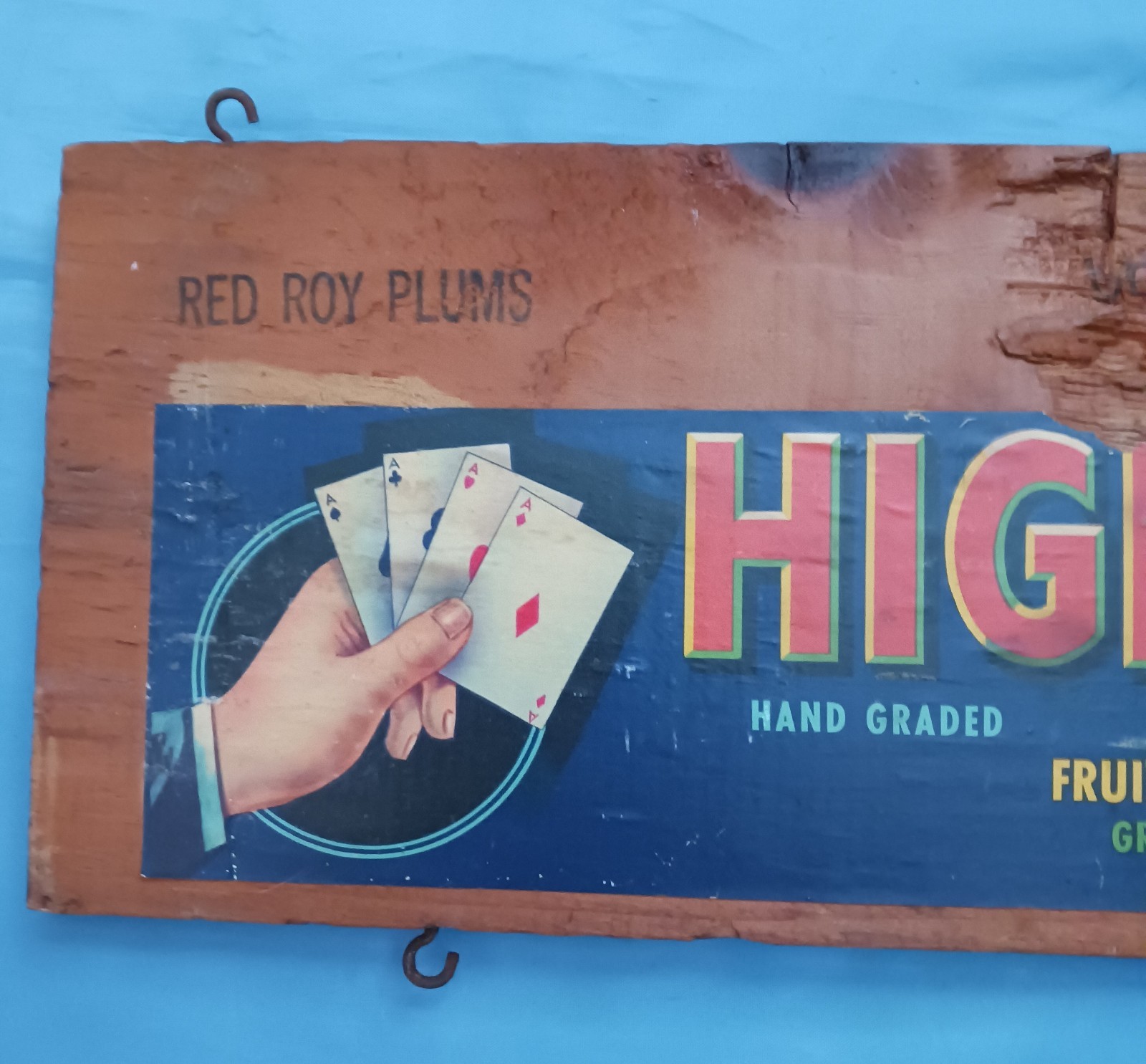 Vintage HIGH HAND Loomis Fruits Growers RED ROY PLUMS Wood Crate Piece 16&Prime; x 6&Prime;