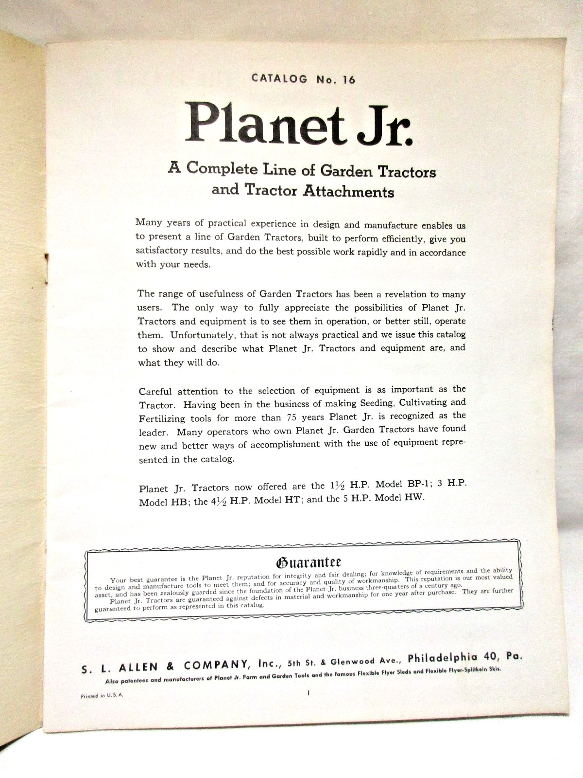 1947 PLANET JR. Garden Tractors Catalog #16 and Price List! S.L. Allen & Co.,Inc