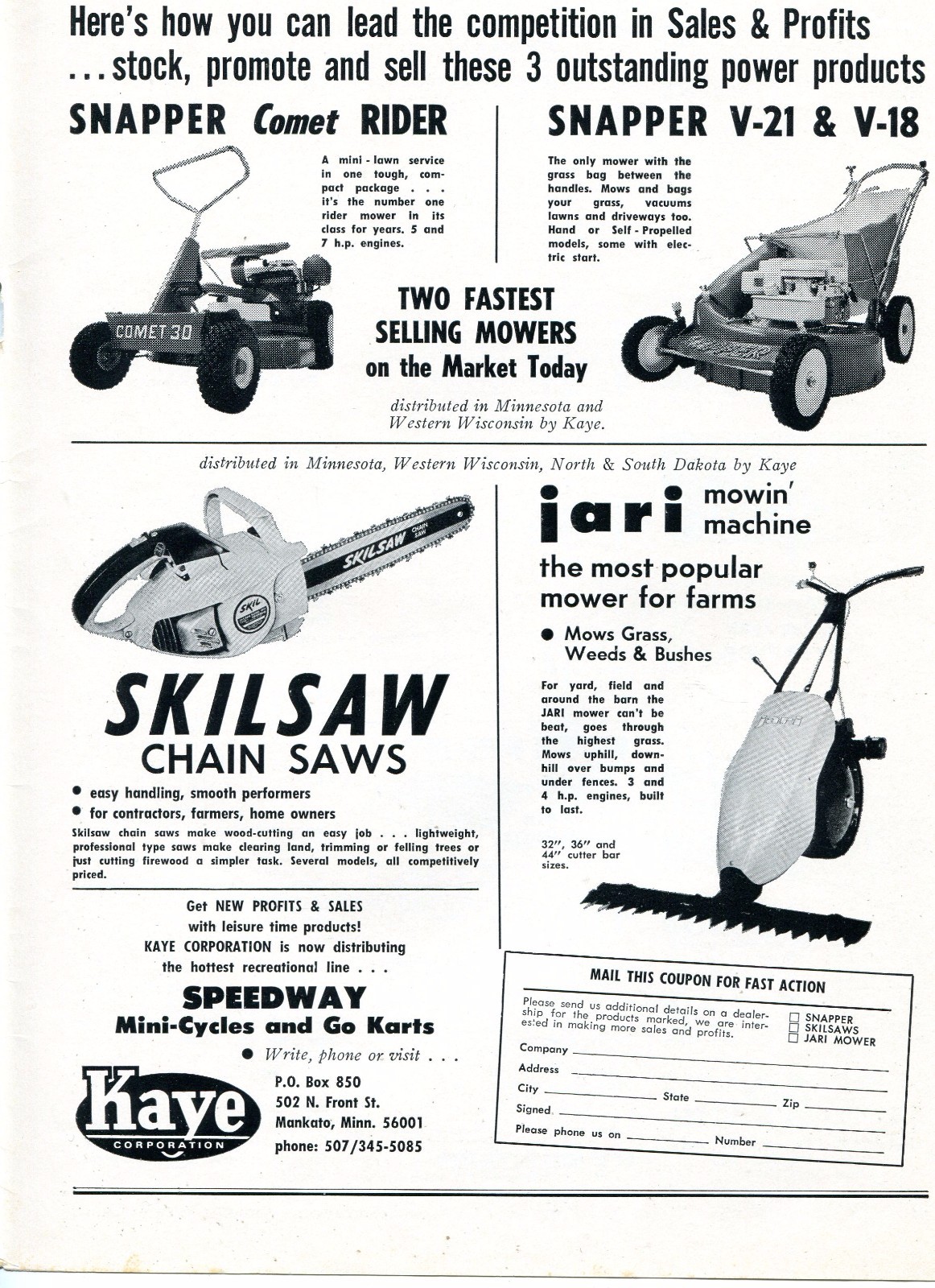 1972 Dealer Print Ad Kaye Corp Skilsaw Chain Saw Snapper Comet 30 Rider V21 V18