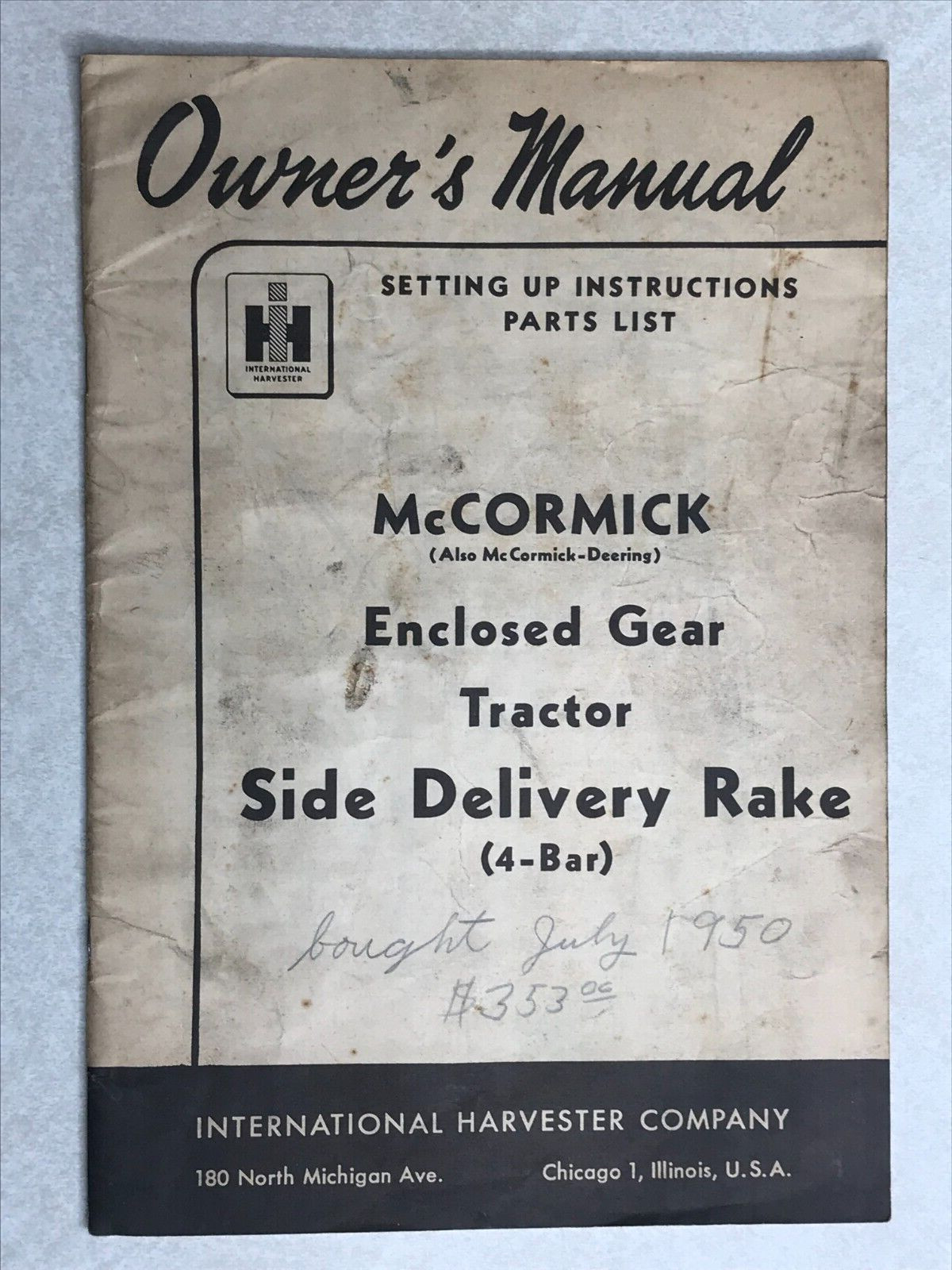 Farm Owners Manual 1949 IH McCormick Tractor Side Delivery Rake Enc Gear SBG194