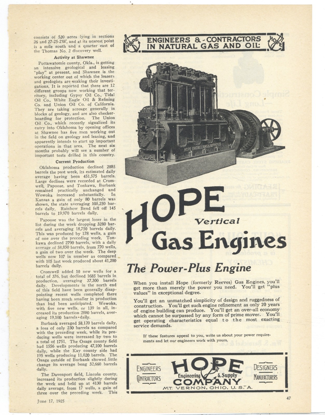 1928 Hope Engineering & Supply Co. of Mt. Vernon, OhiO Ad: Vertical Gas Engines
