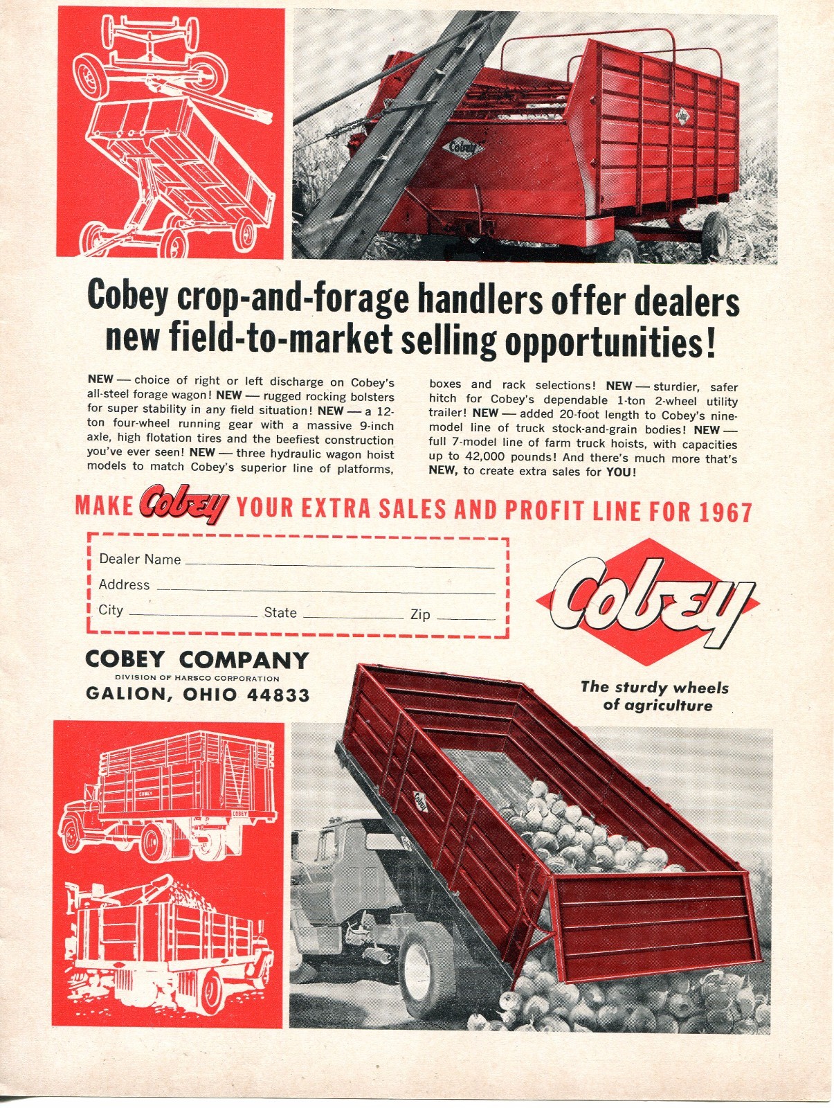 1967 Dealer Print Ad Cobey Company Forage Wagon Truck Hoist Stock & Grain Body