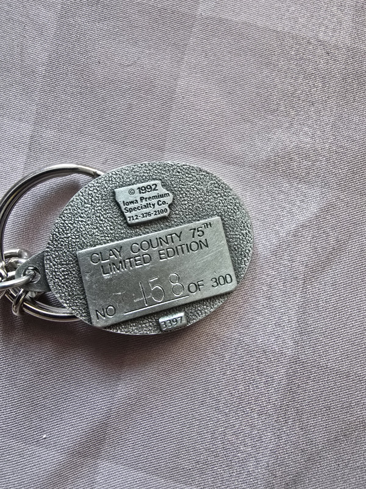 1992 Clay County Fair Iowa 75th Anniversary Key Chain Serial #158 of 300