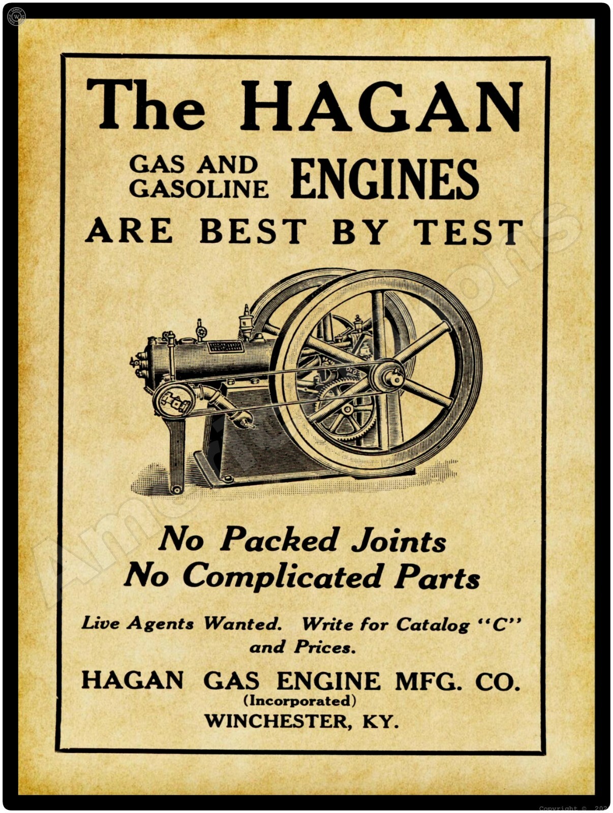 1910 Hagan Gas Power Engines New Metal Sign: Winchester, KY LARGE SIZE 12 x 16