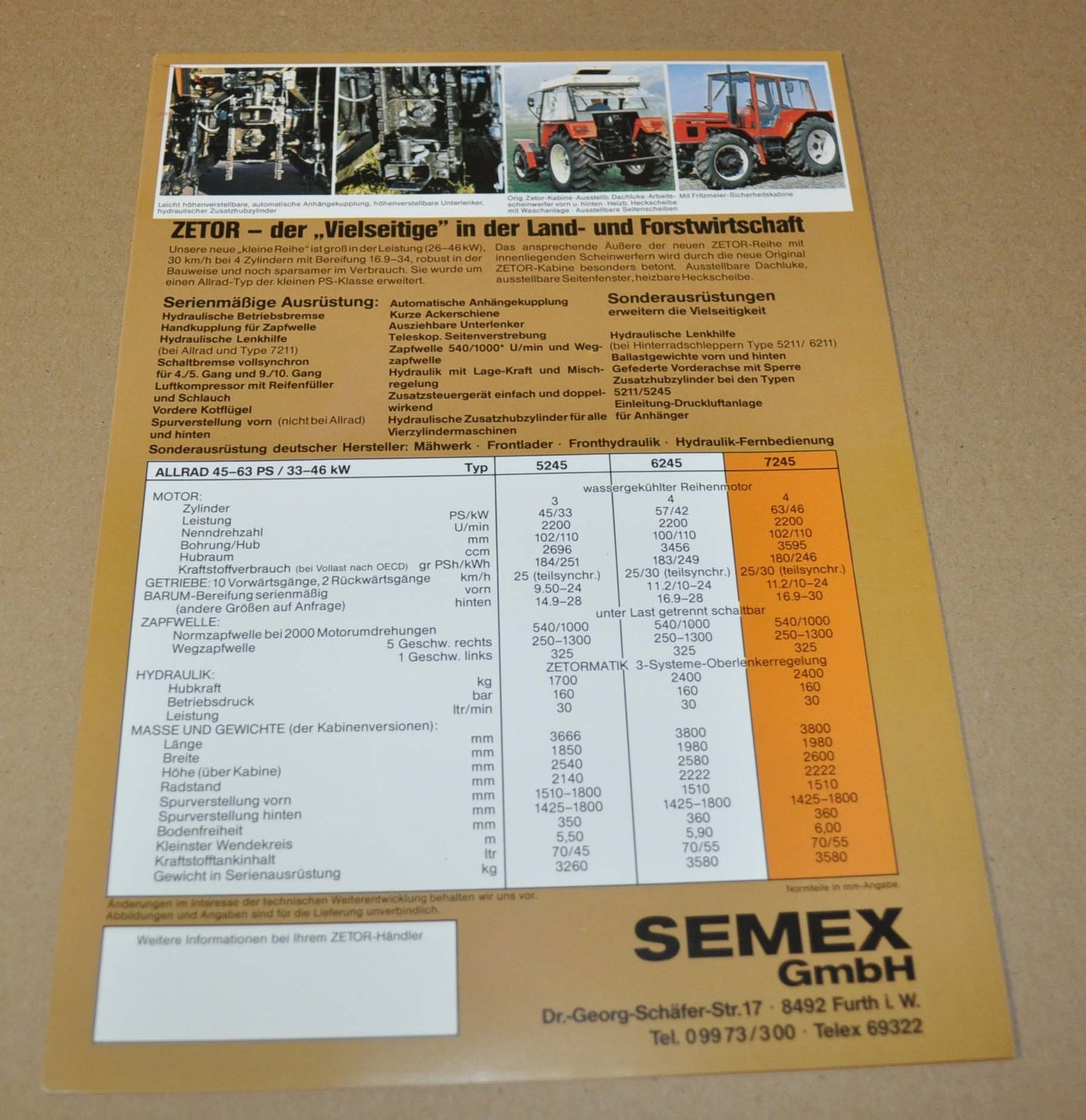 Zetor 7245 Tractor Specification Brochure Prospekt DE