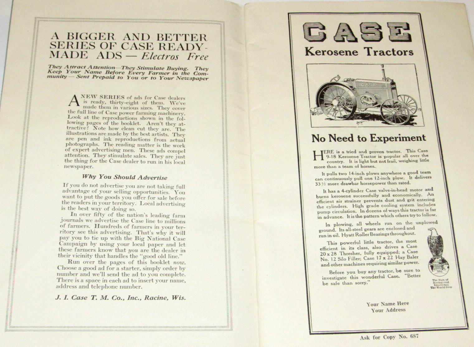 VINTAGE 1918 JI CASE DEALER READY-MADE ADS CATALOG! TRACTORS/THRESHERS/HAY BALER