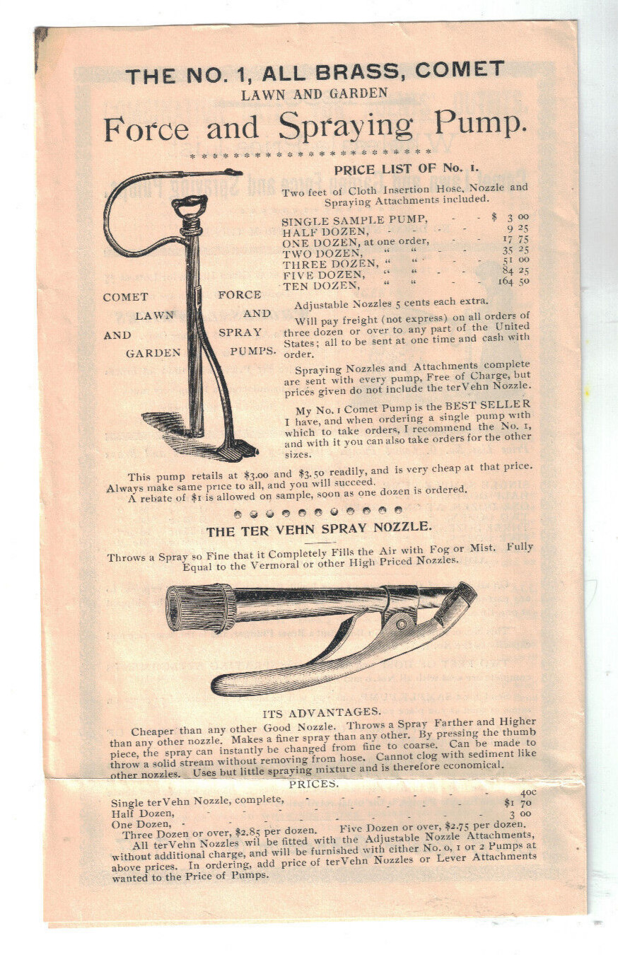 1896 Comet Lawn &Garden Force Pump Recruiting Letter Packet Price List Catalogue