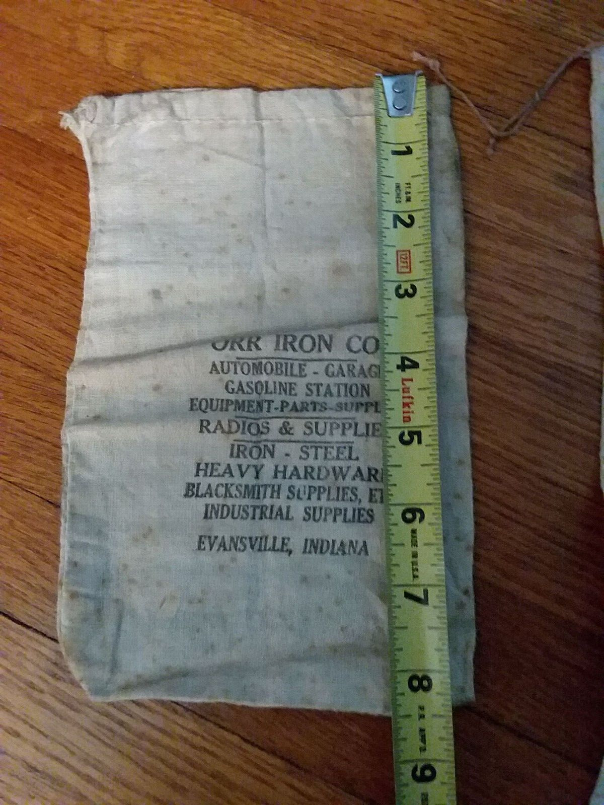 Vintage Evansville Indiana Cloth Bag Orr Iron Co Blacksmith Gas Auto Advertising