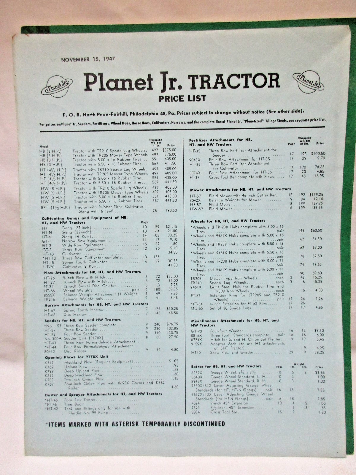 1947 PLANET JR. Garden Tractors Catalog #16 and Price List! S.L. Allen & Co.,Inc