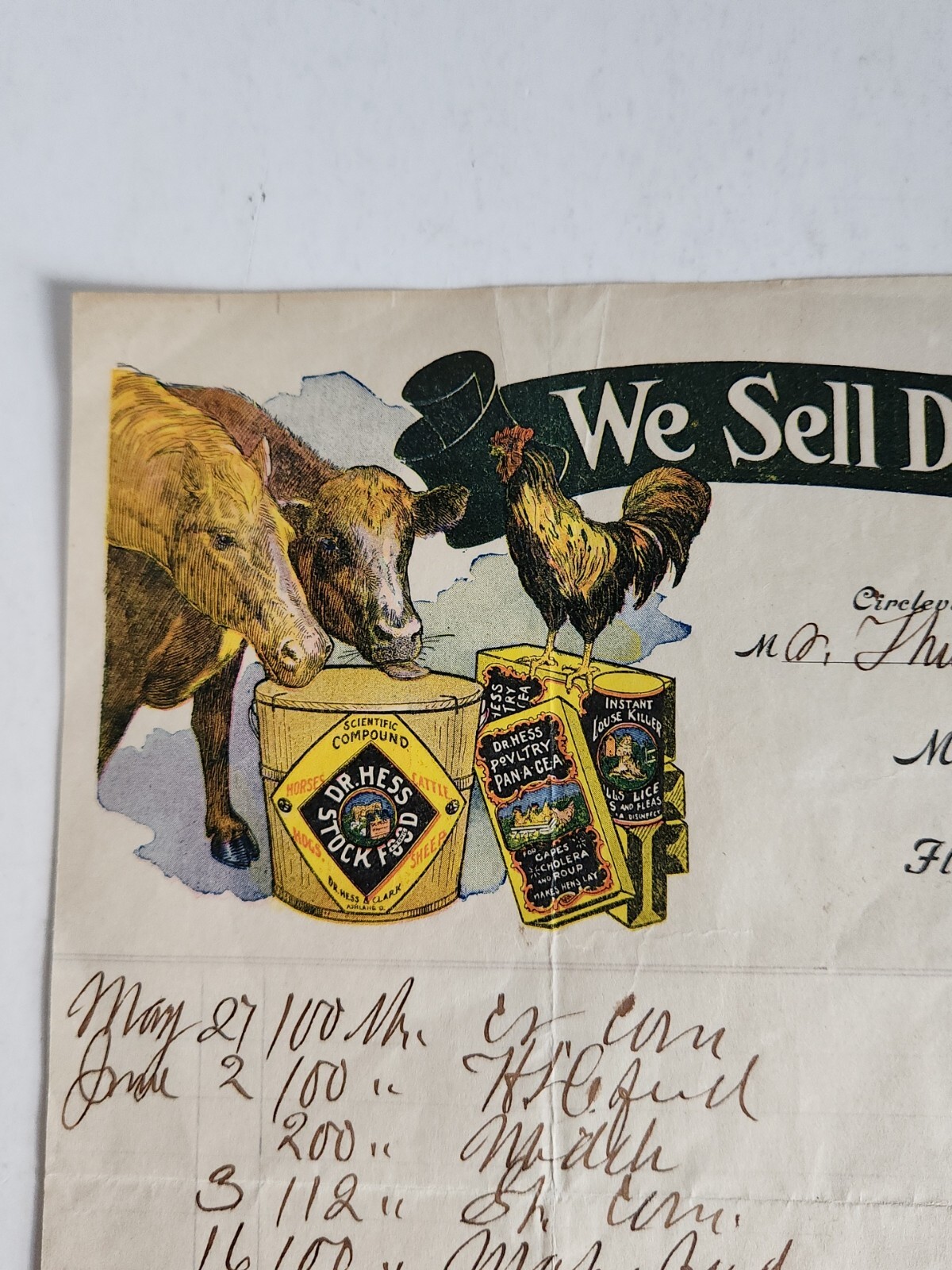 1910 Letterhead Dr. Hess Goods Flour & Feed Farming Bill of Sale Circleville NY