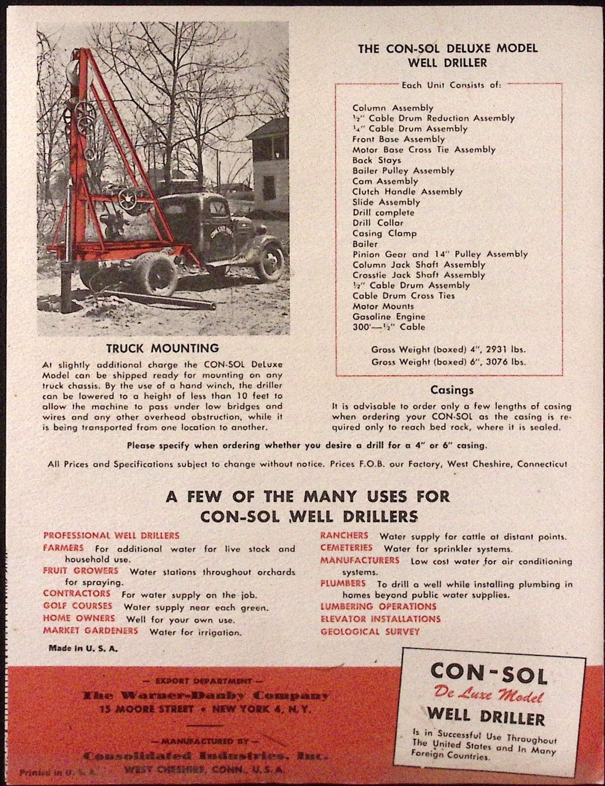 1954 Con-Sol Se Luxe Model Low Cost Well Driller Warner Danby Co New York City