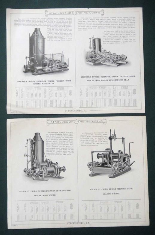 antique STROUDSBURG ENGINE CATALOG LEAFLETS pa SPUD ORANGE PEELER SWING LOGGING