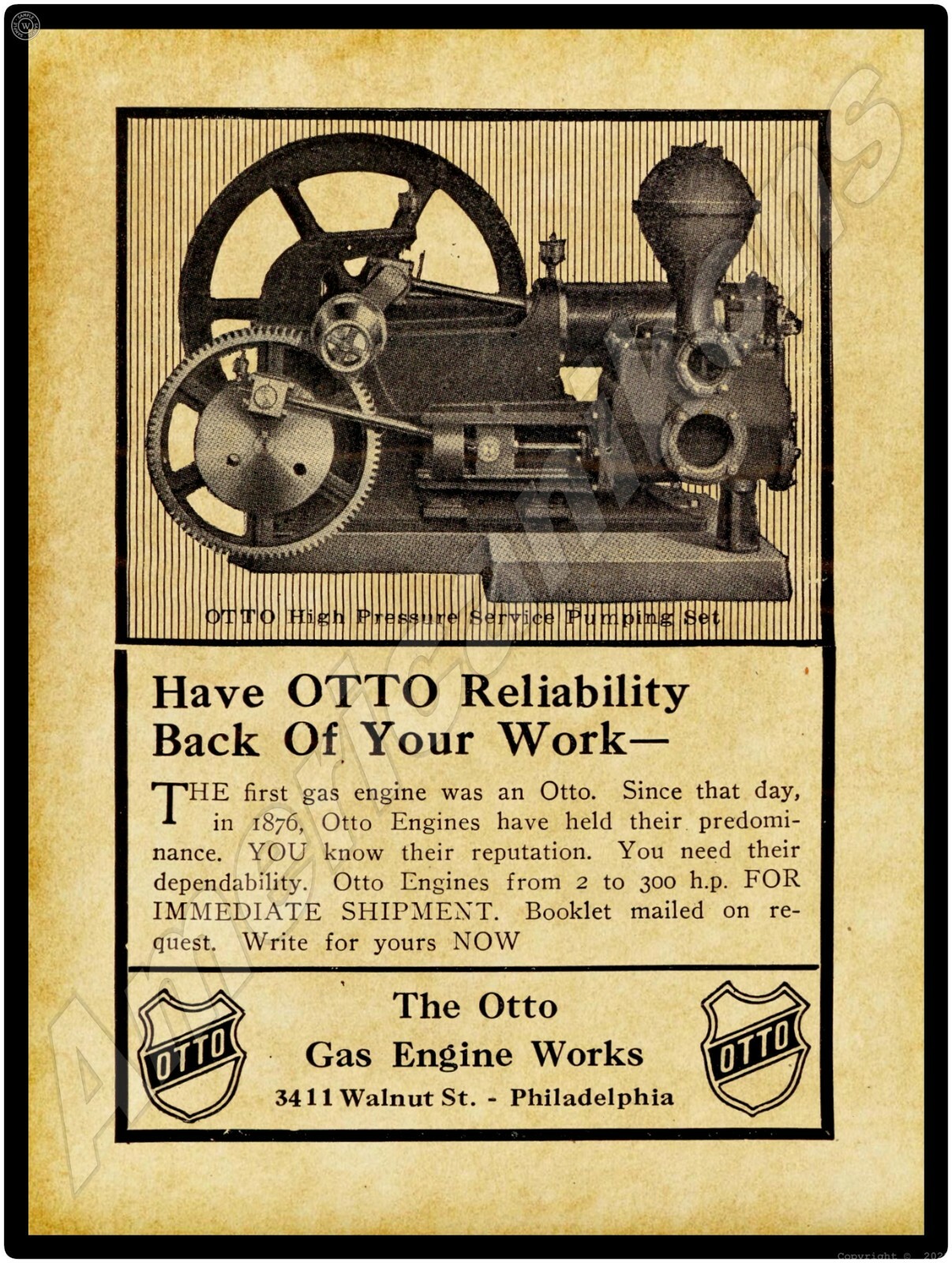 1913 Otto Gas Engine Works New Metal Sign: High Pressure Service Pumping Set