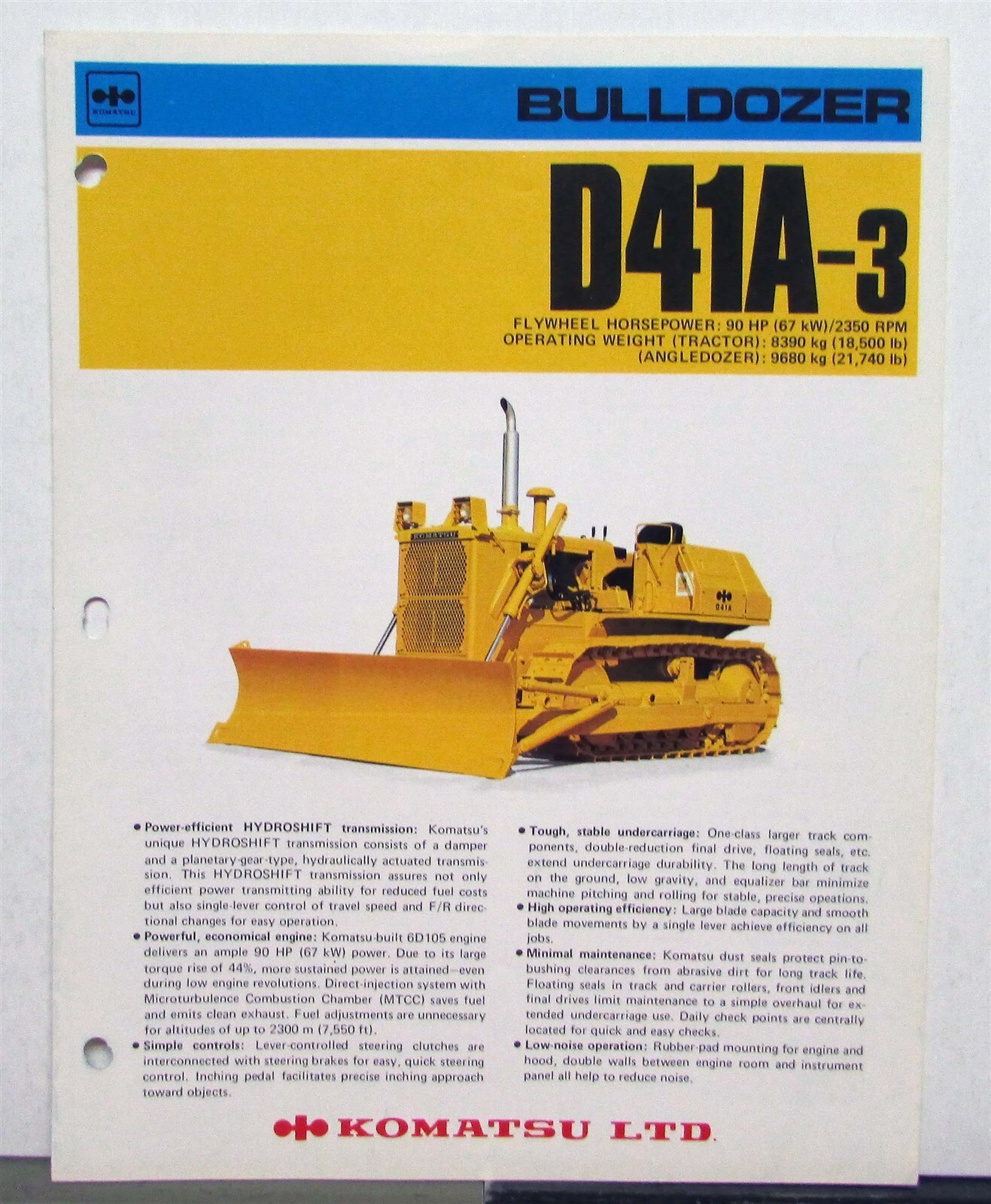 1980s Komatsu D41A-3 Bull Dozer Specifications Construction Sales Brochure