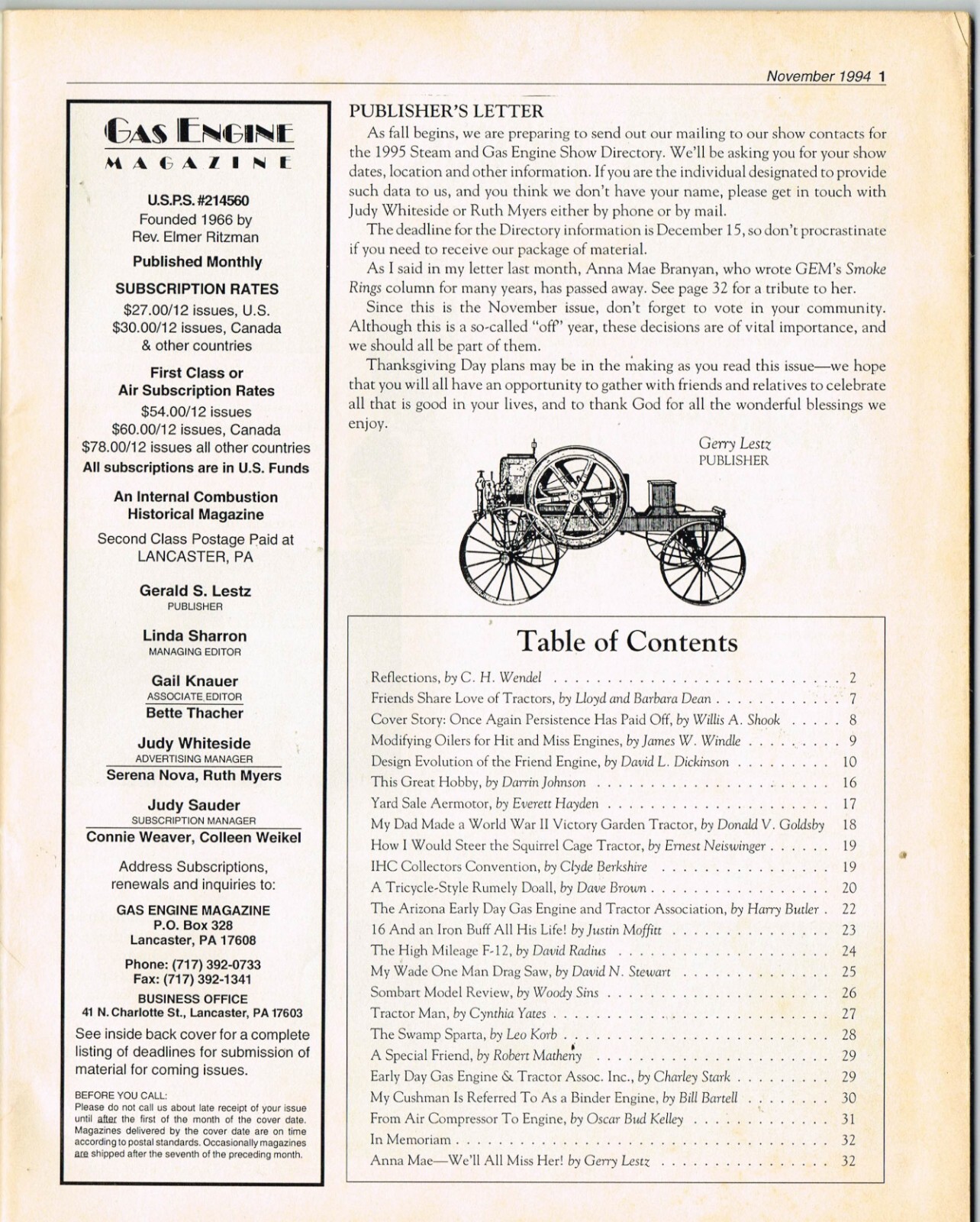 The GAS ENGINE magazine November 1994, Friend, Aermotor, Victory Garden Tractor