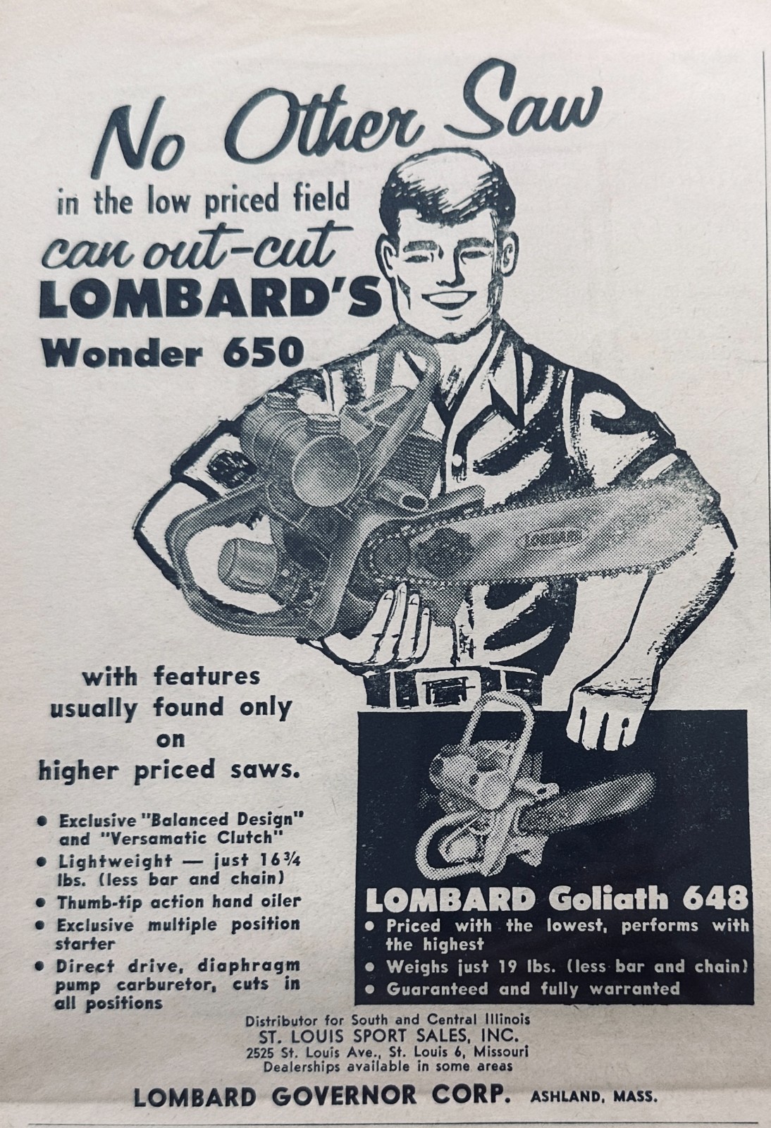 Vintage Mixed Lot of (3) Early Chain Saw Ads 1954-1962 Set 119 Lombard, Strunk