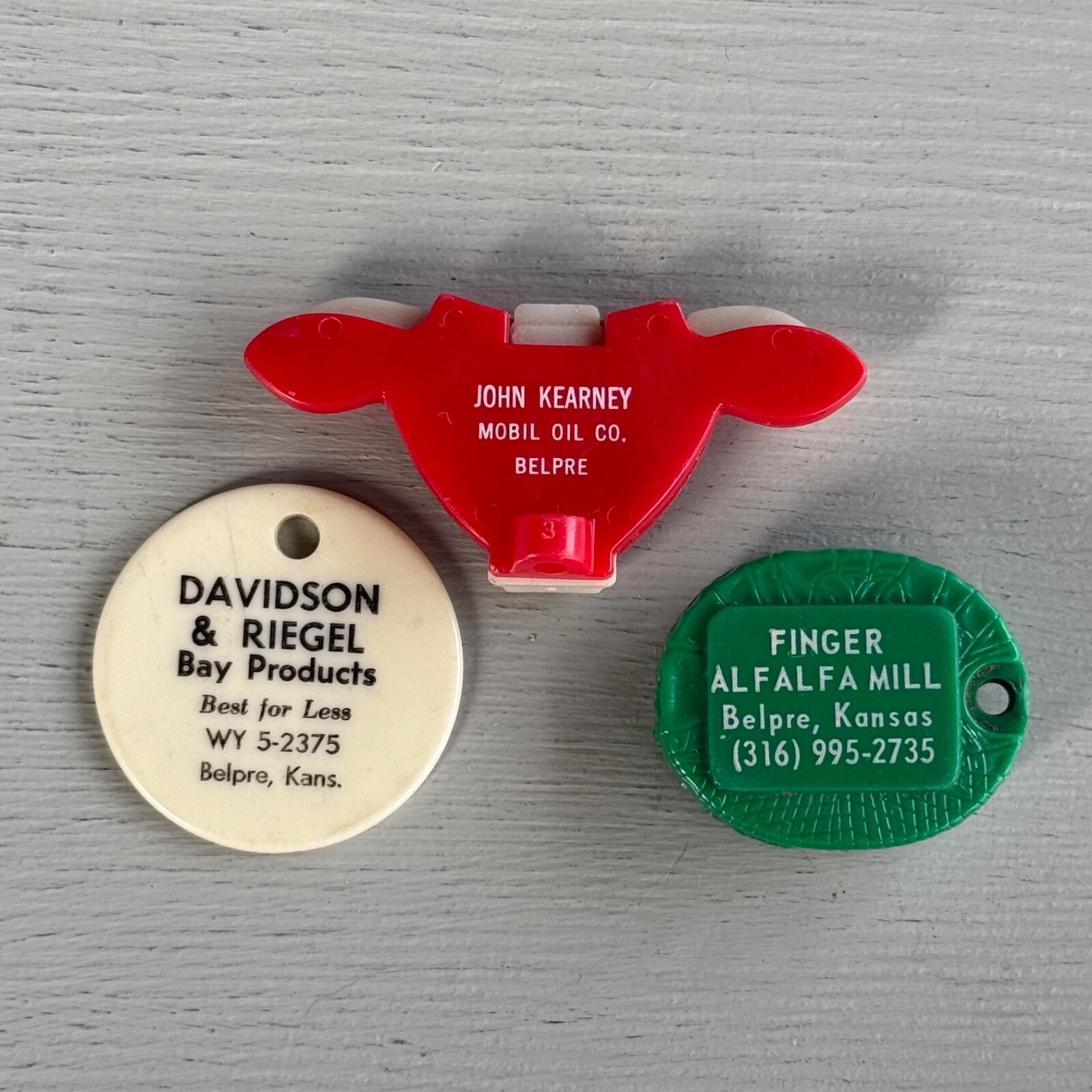 3 Vintage Advertising Keychains Belpre KS Kansas Alfalfa Mill Mobil Oil Bull Cow